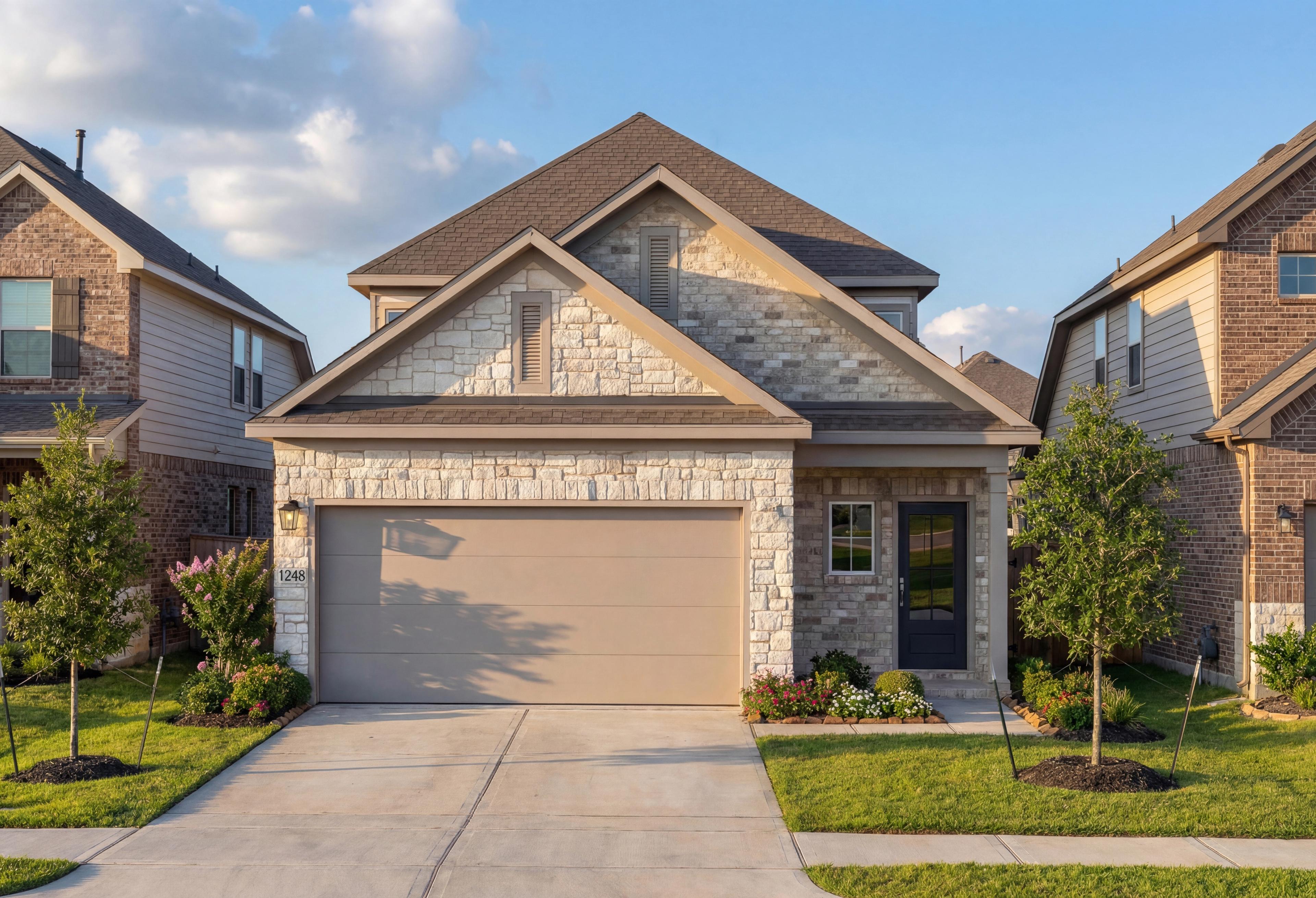Two-story San Marcos home elevation by Davidson Homes in Katy, TX, featuring stone and brick facade, 2-car garage, driveway, and landscaped yard