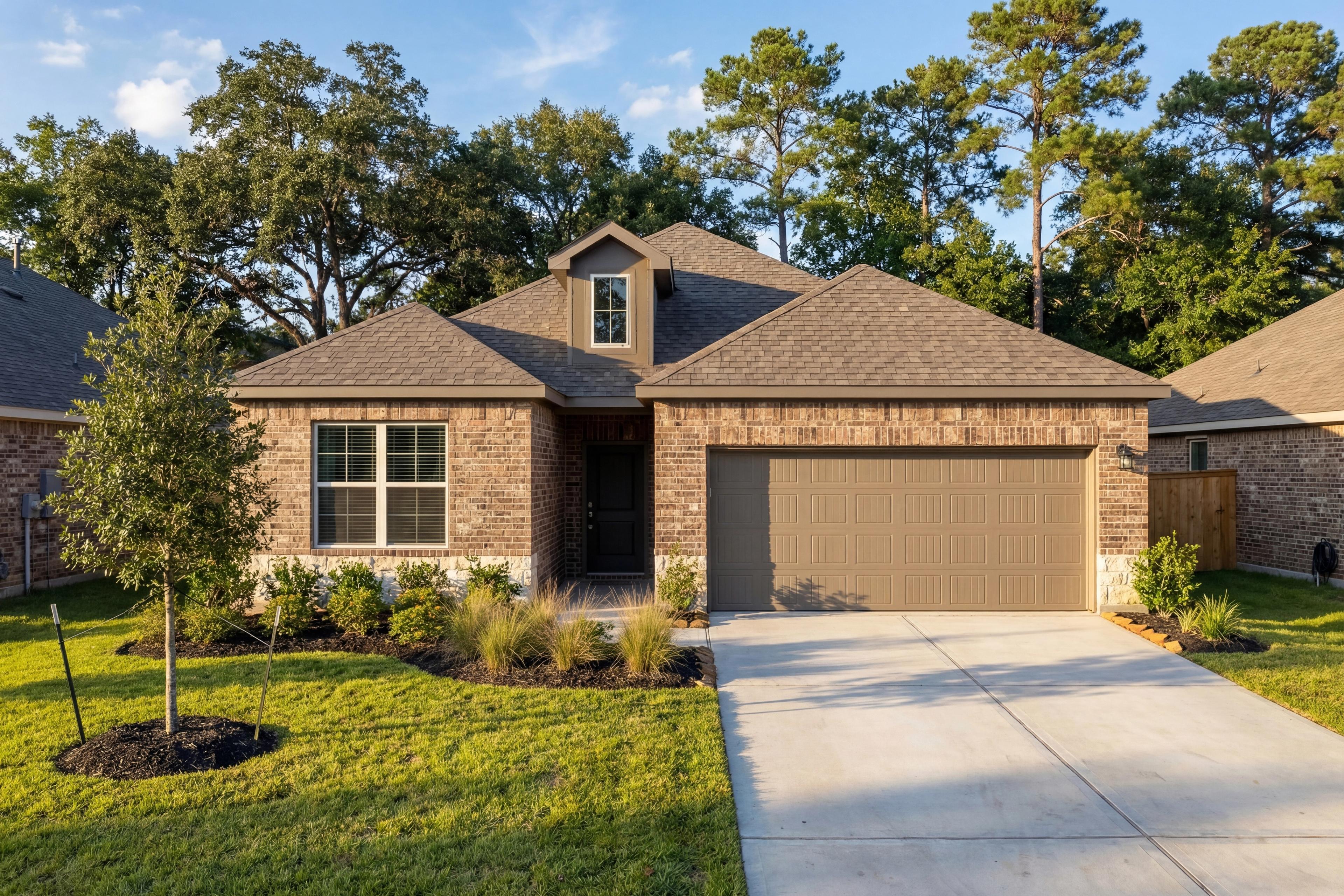 Modern single-story brick home elevation of The Everett E with two-car garage, lush landscaping, and mature trees in Crosby, Texas