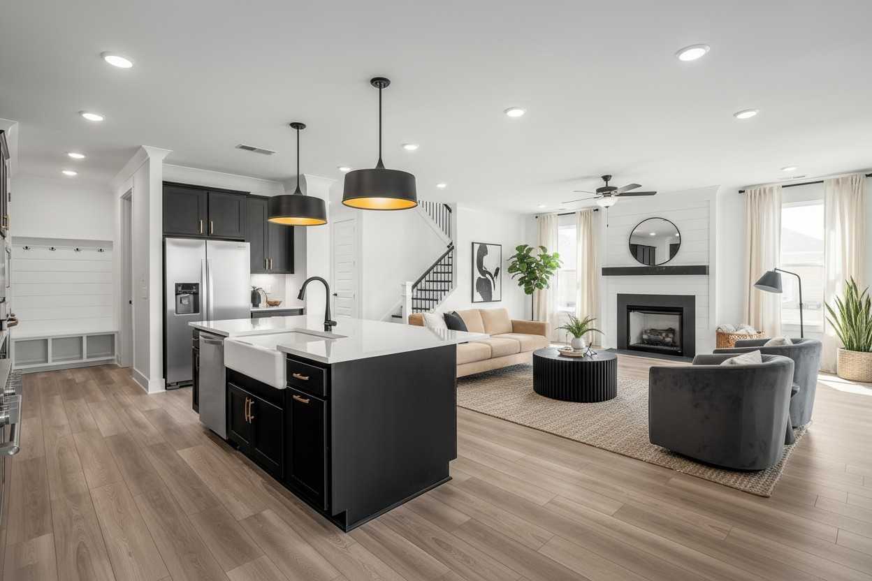 Open-concept kitchen-living room with dark cabinets, farmhouse sink, gas fireplace, and hardwood floors in Davidson Homes The Hathaway, Murfreesboro TN