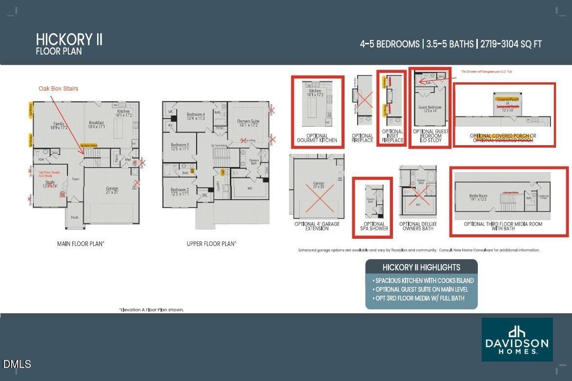 Hickory II D floor plan by Davidson Homes: 5-bed, 5-bath, 3,104 sq ft 3-story layout with 2-car garage in Wake Forest, NC