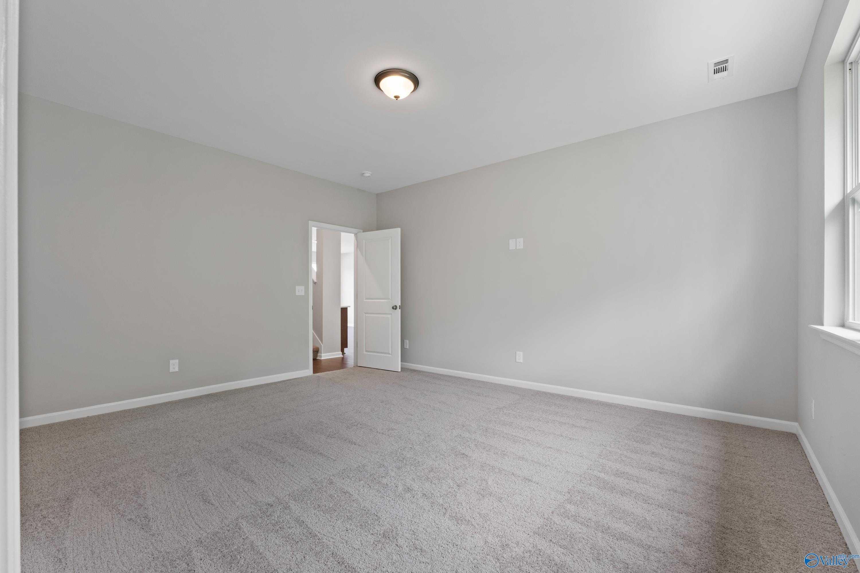 Spacious empty bedroom with light gray walls, gray carpet, and bathroom door in Davidson Homes The Stella, Hazel Green, AL