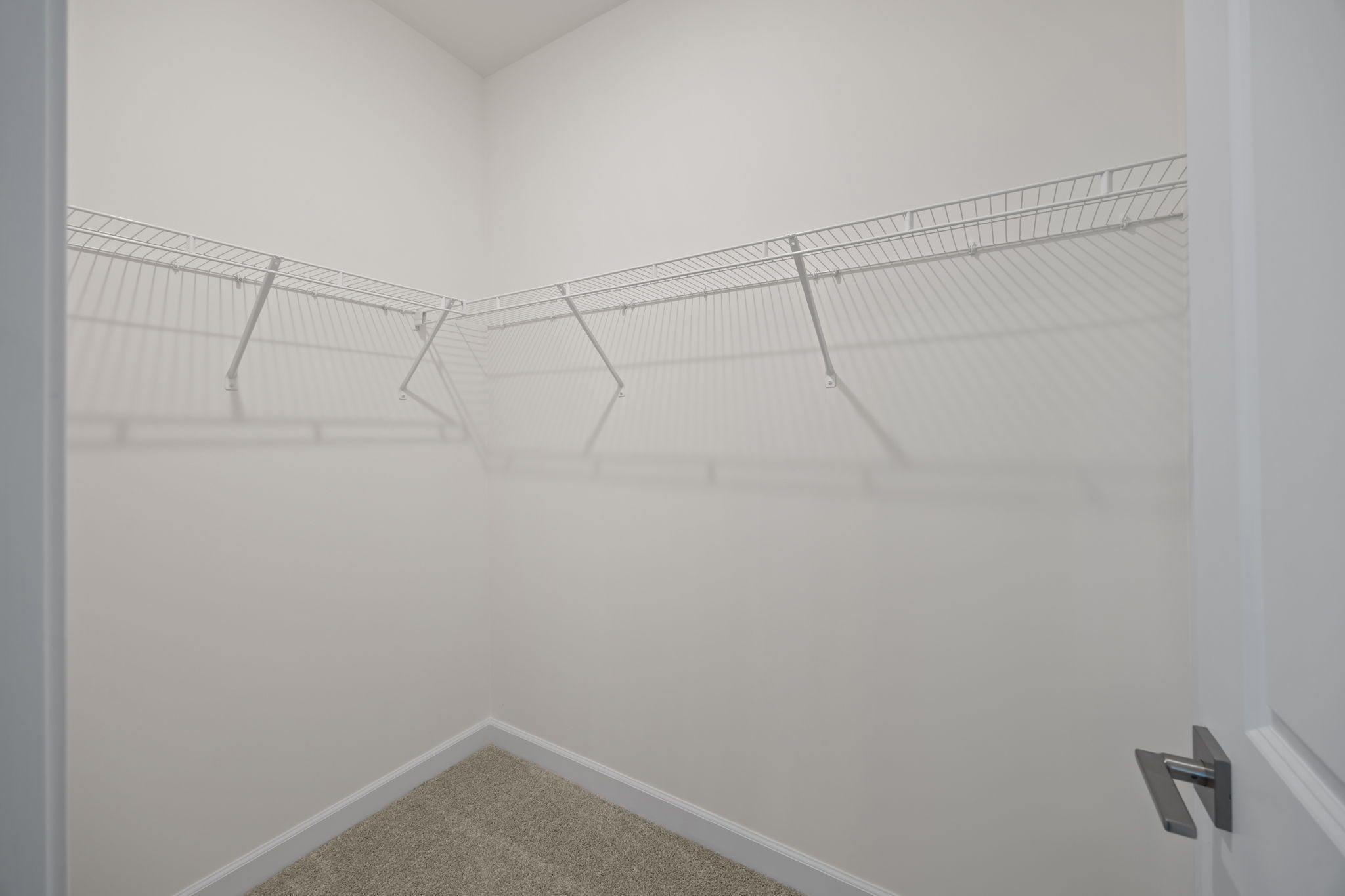 Walk-in closet with white wire shelving and plush carpeting at Springvale South in Fuquay-Varina by Davidson Homes.