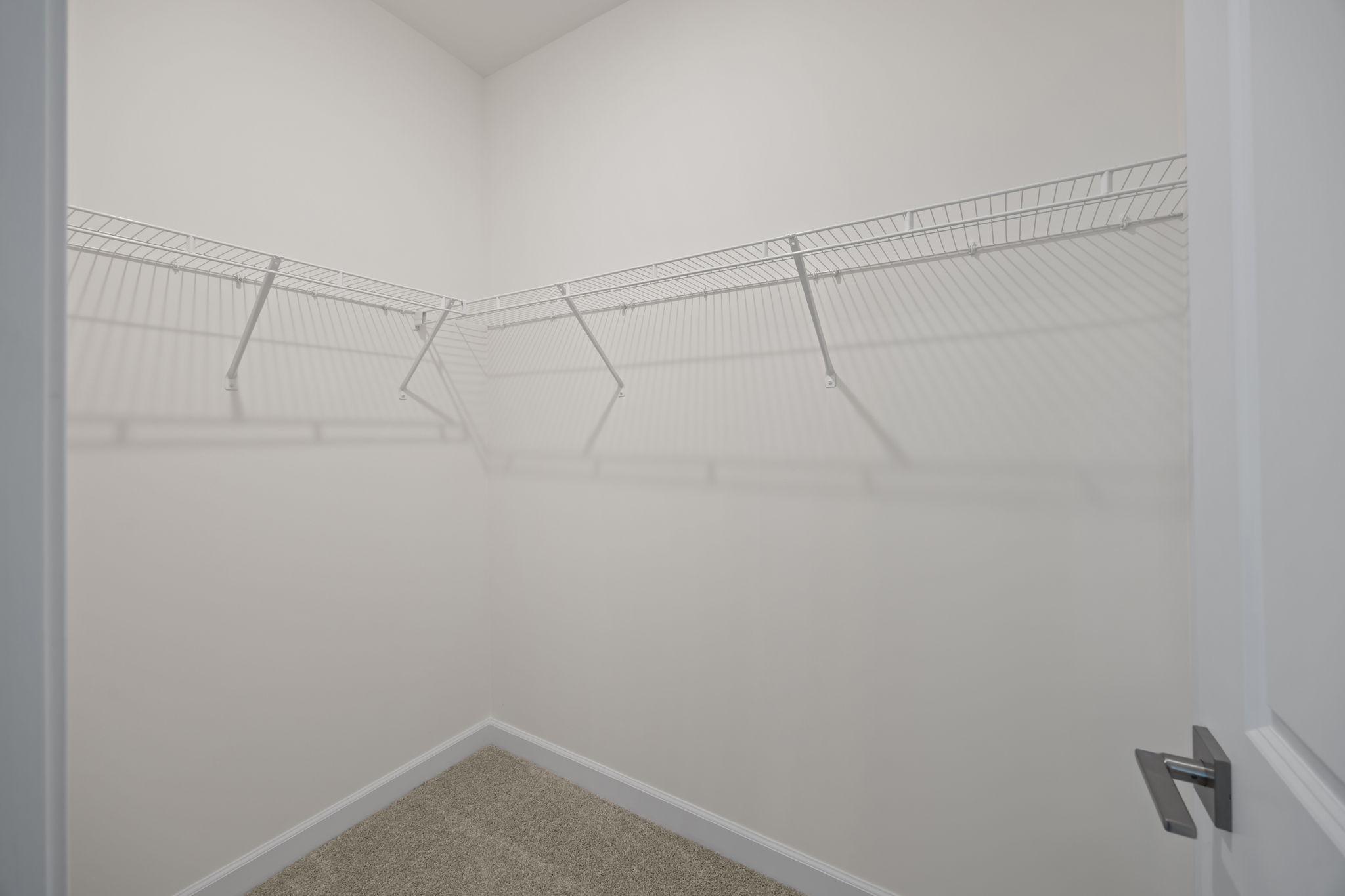 Walk-in closet with white wire shelving and plush carpeting at Springvale South in Fuquay-Varina by Davidson Homes.