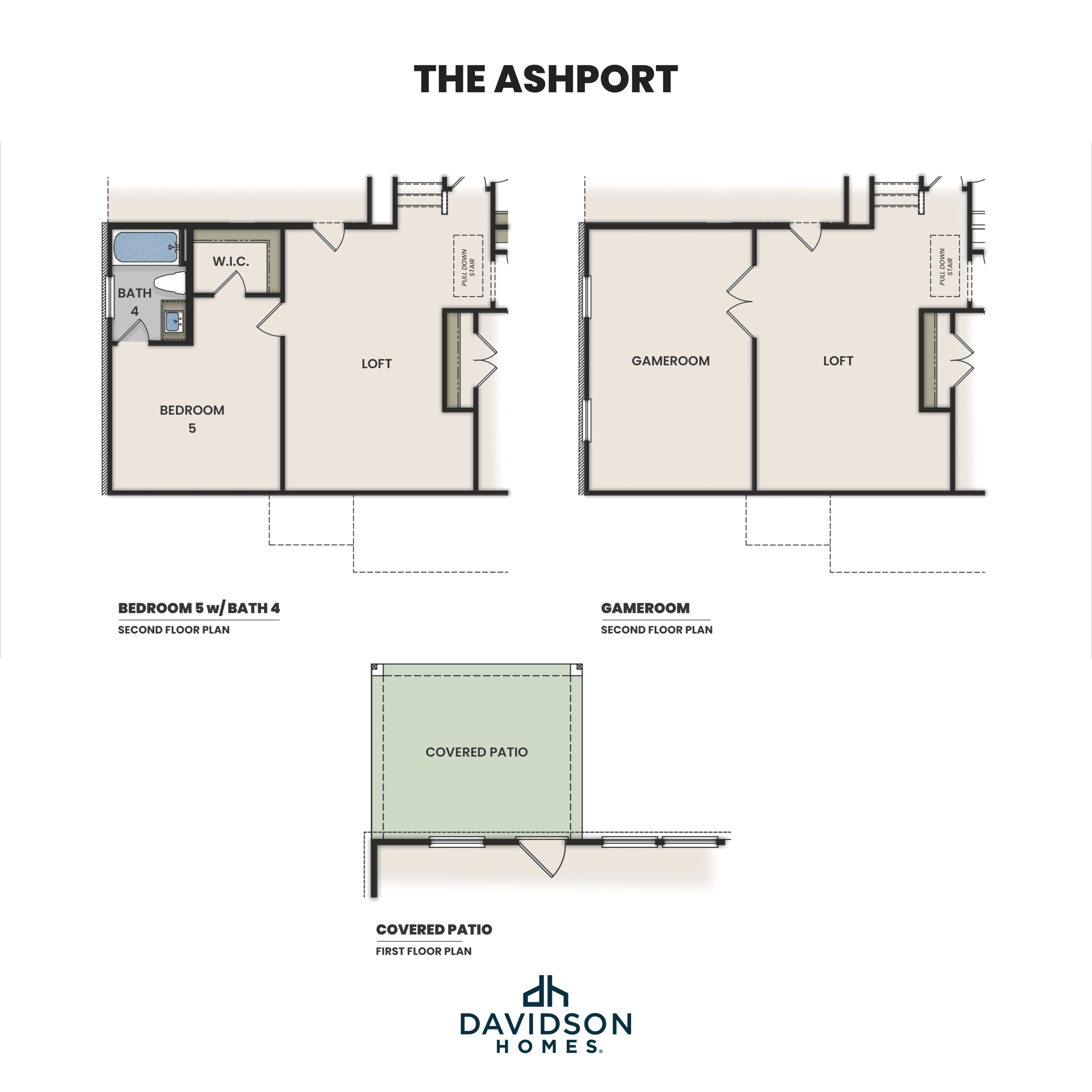 Second floor plan of The Ashport by Davidson Homes featuring game room, loft, bedrooms, baths, and open layout