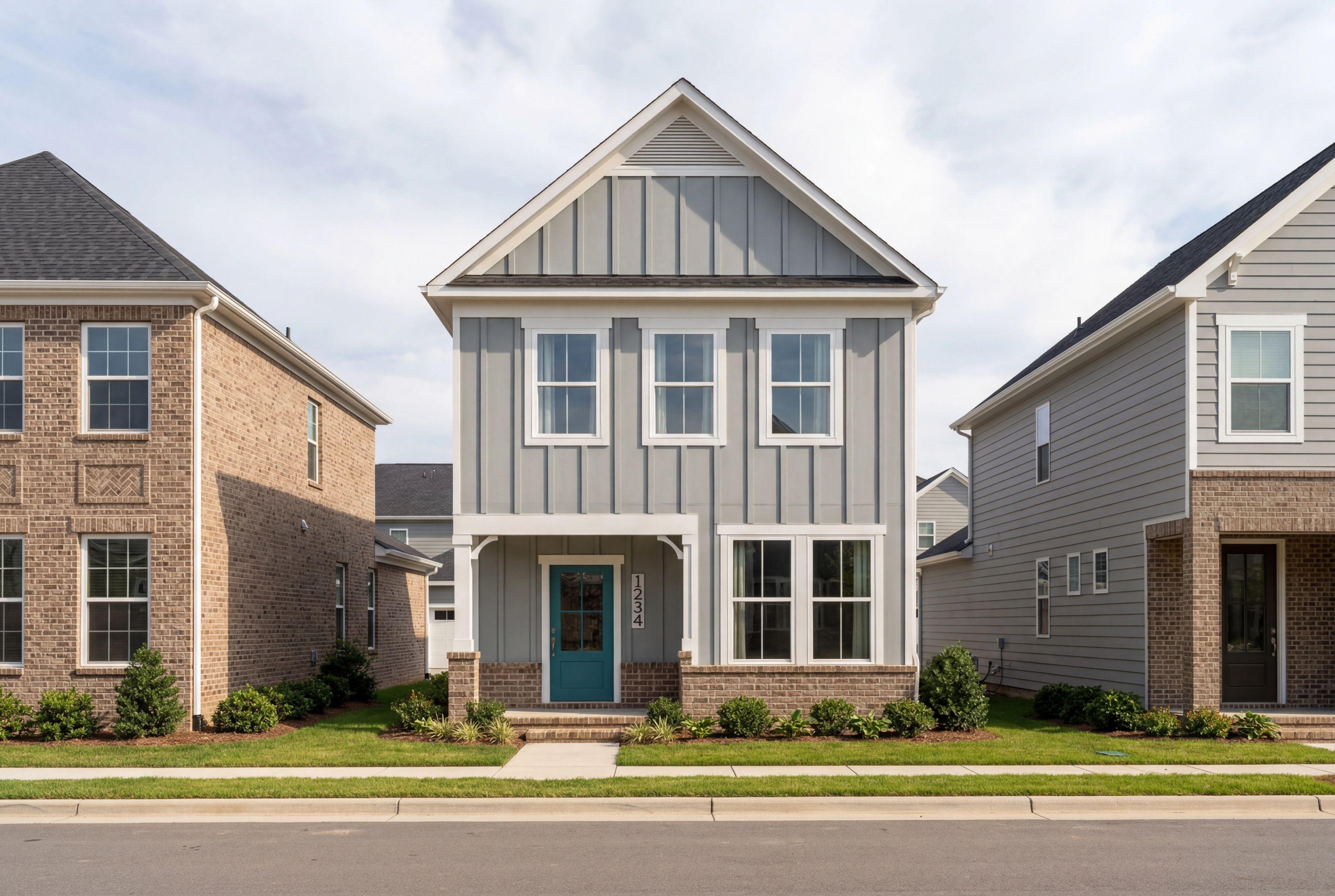 Two-story gray modern farmhouse exterior at Forestville Yard in Knightdale, NC, built by Davidson Homes with teal door.