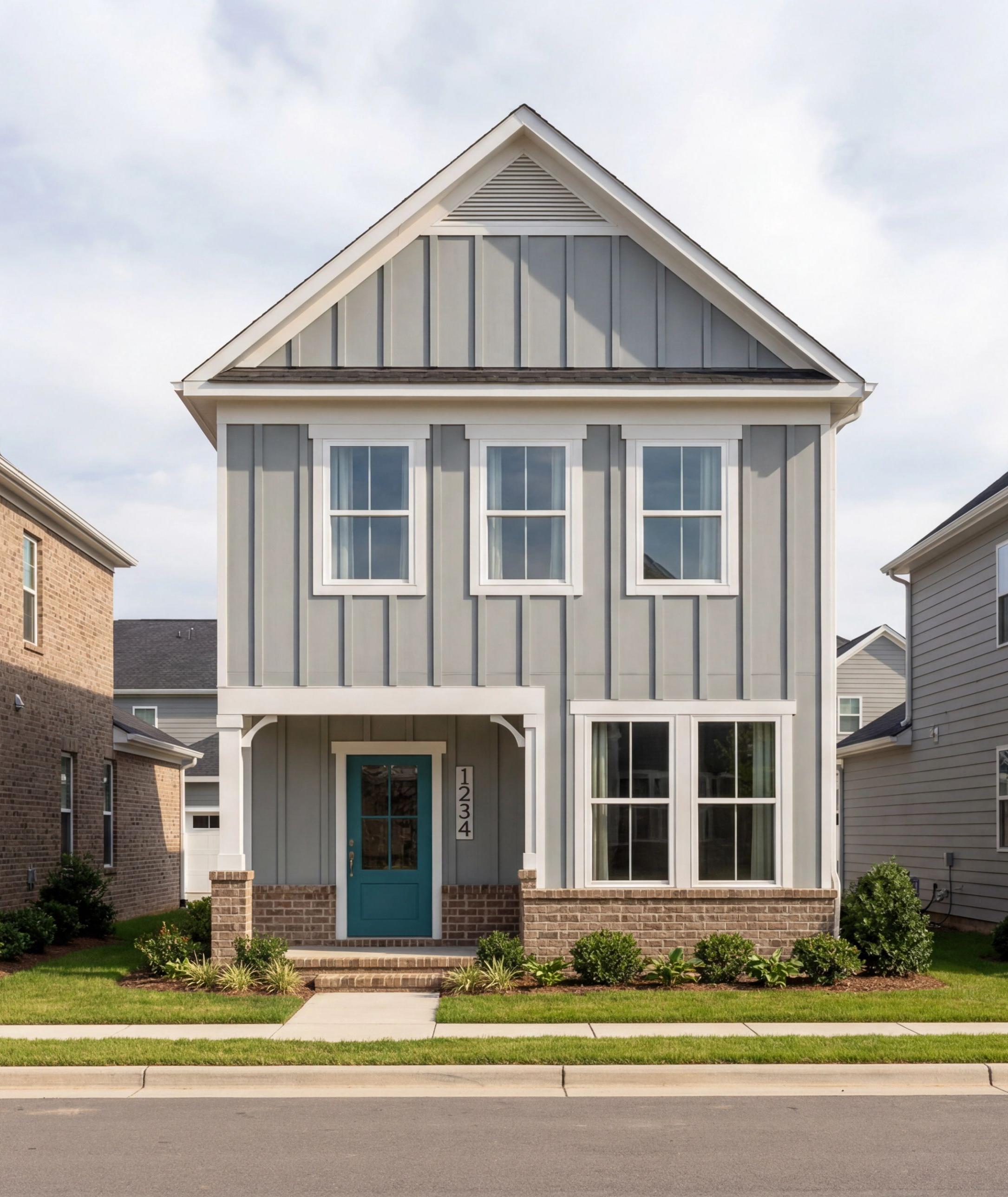 Two-story gray modern farmhouse exterior at Forestville Yard in Knightdale, NC, built by Davidson Homes with teal door.