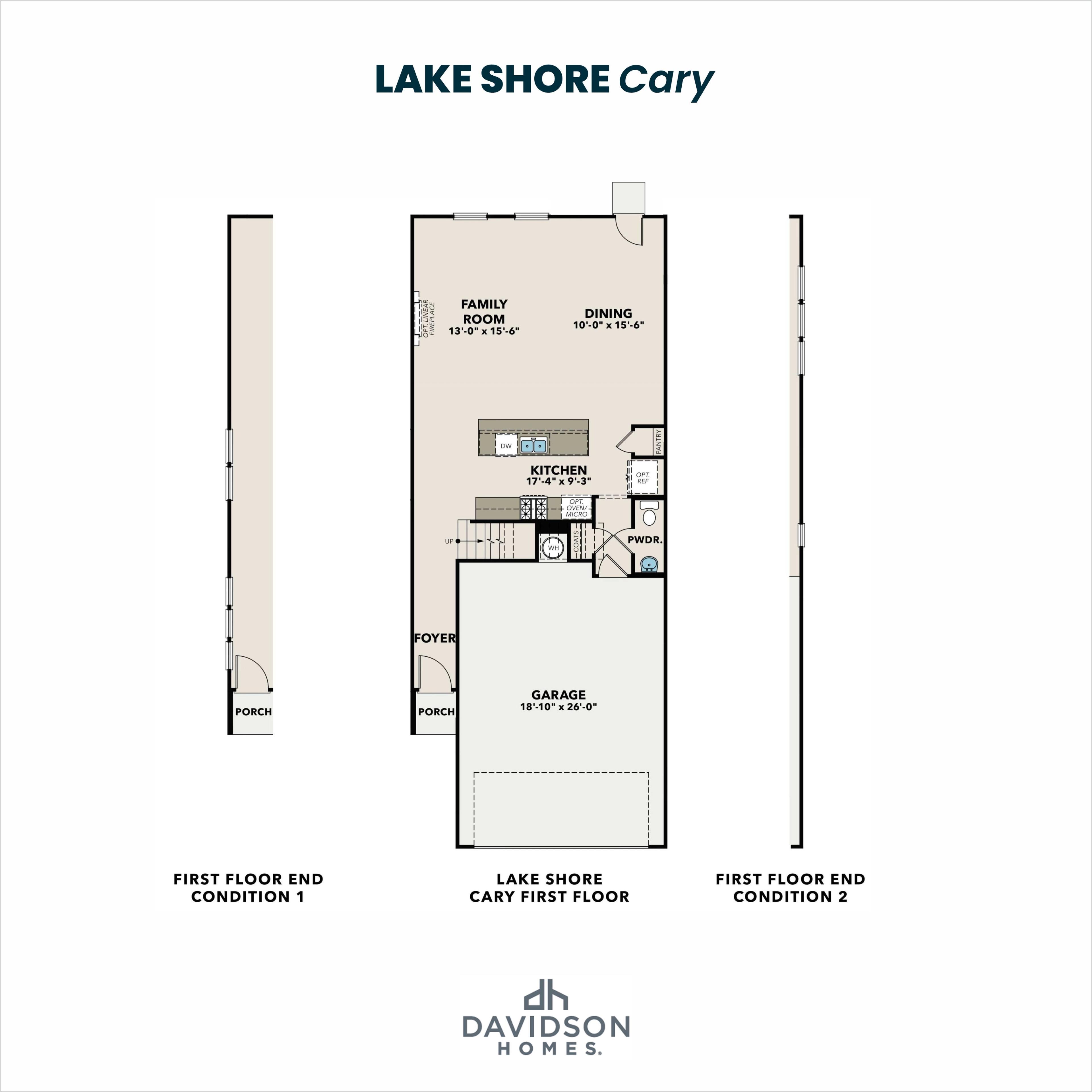 First floor layout of Cary A home plan featuring open kitchen, dining area, family room, 2-car garage, and covered porch