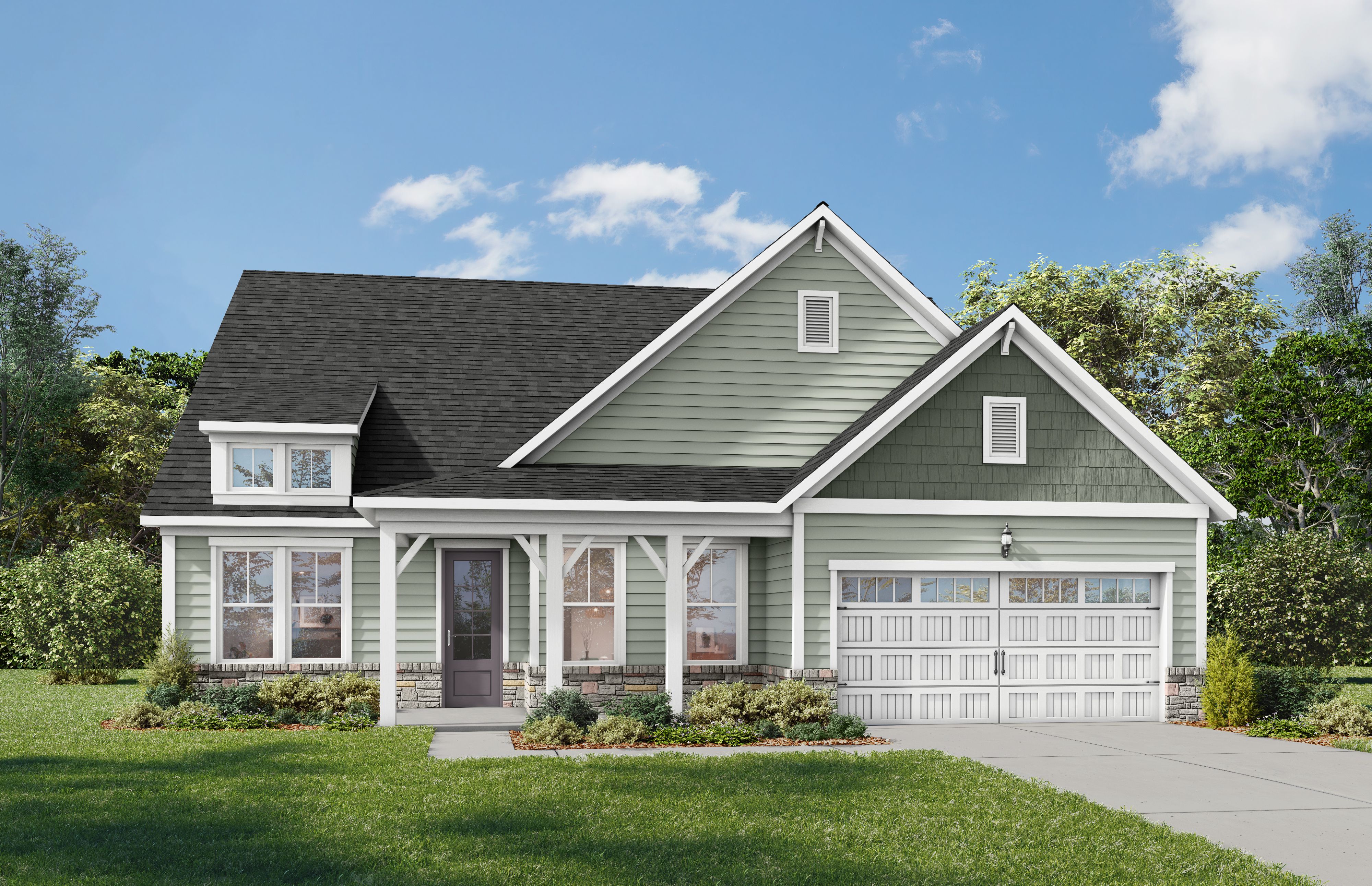 The Magnolia A single-story craftsman home with beige siding, black roof, covered porch, and 2-car garage in lush Wendell, NC yard