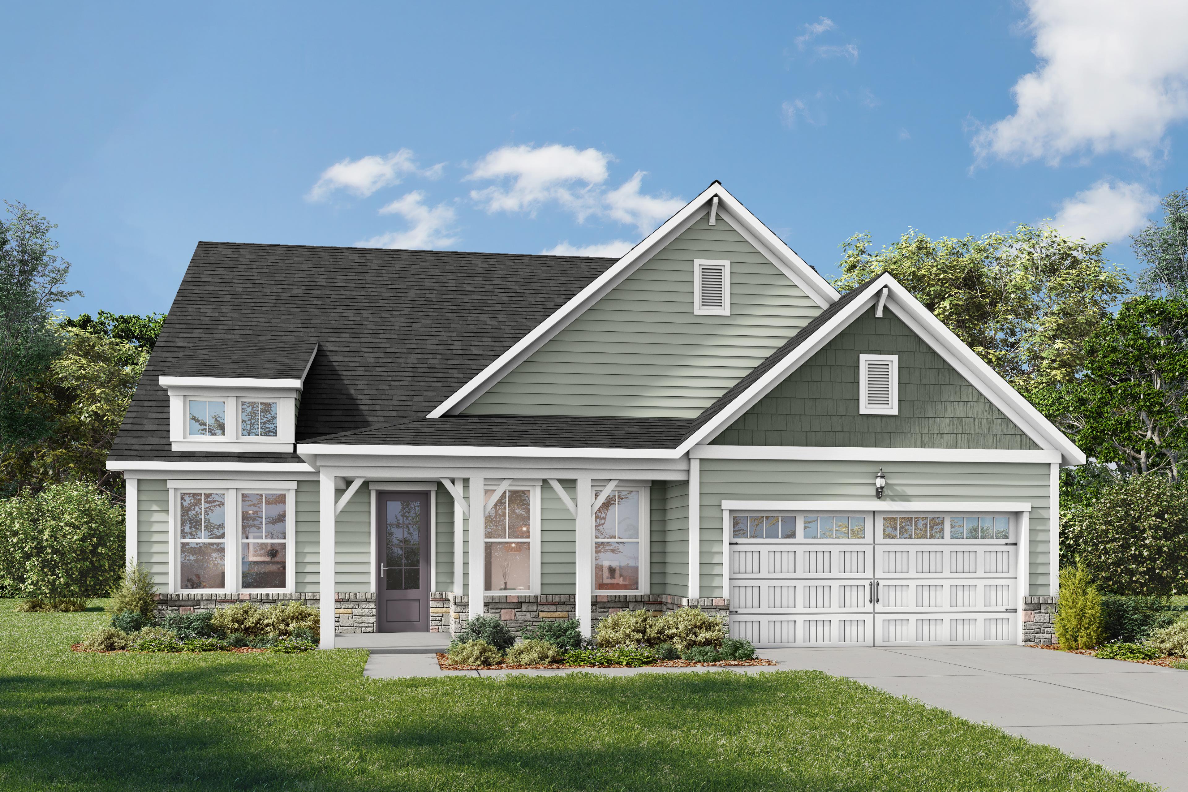 The Magnolia A single-story craftsman home with beige siding, black roof, covered porch, and 2-car garage in lush Wendell, NC yard