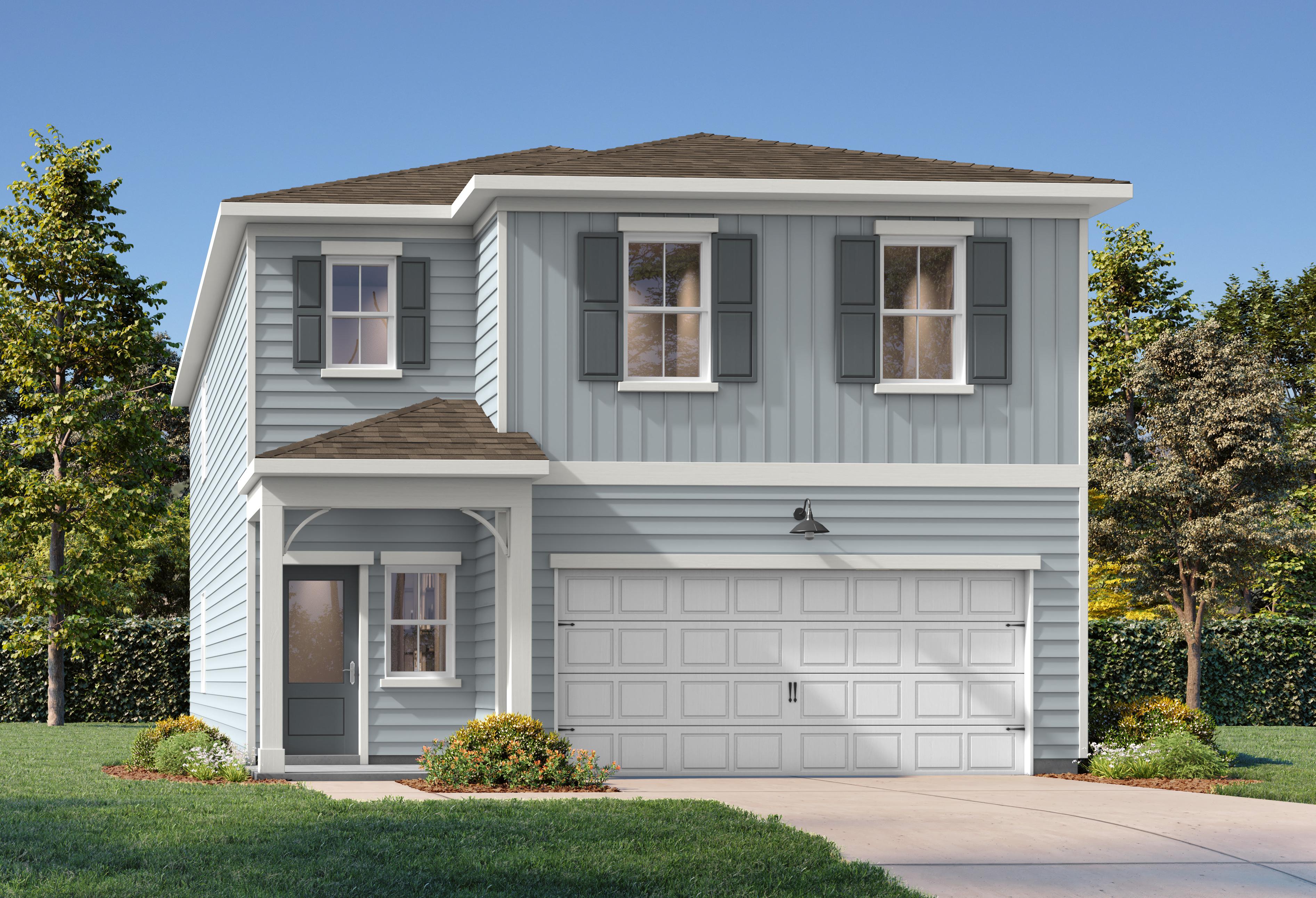 Modern two-story Russell home elevation with gray siding, black shutters, covered porch, and two-car garage amid landscaped yard