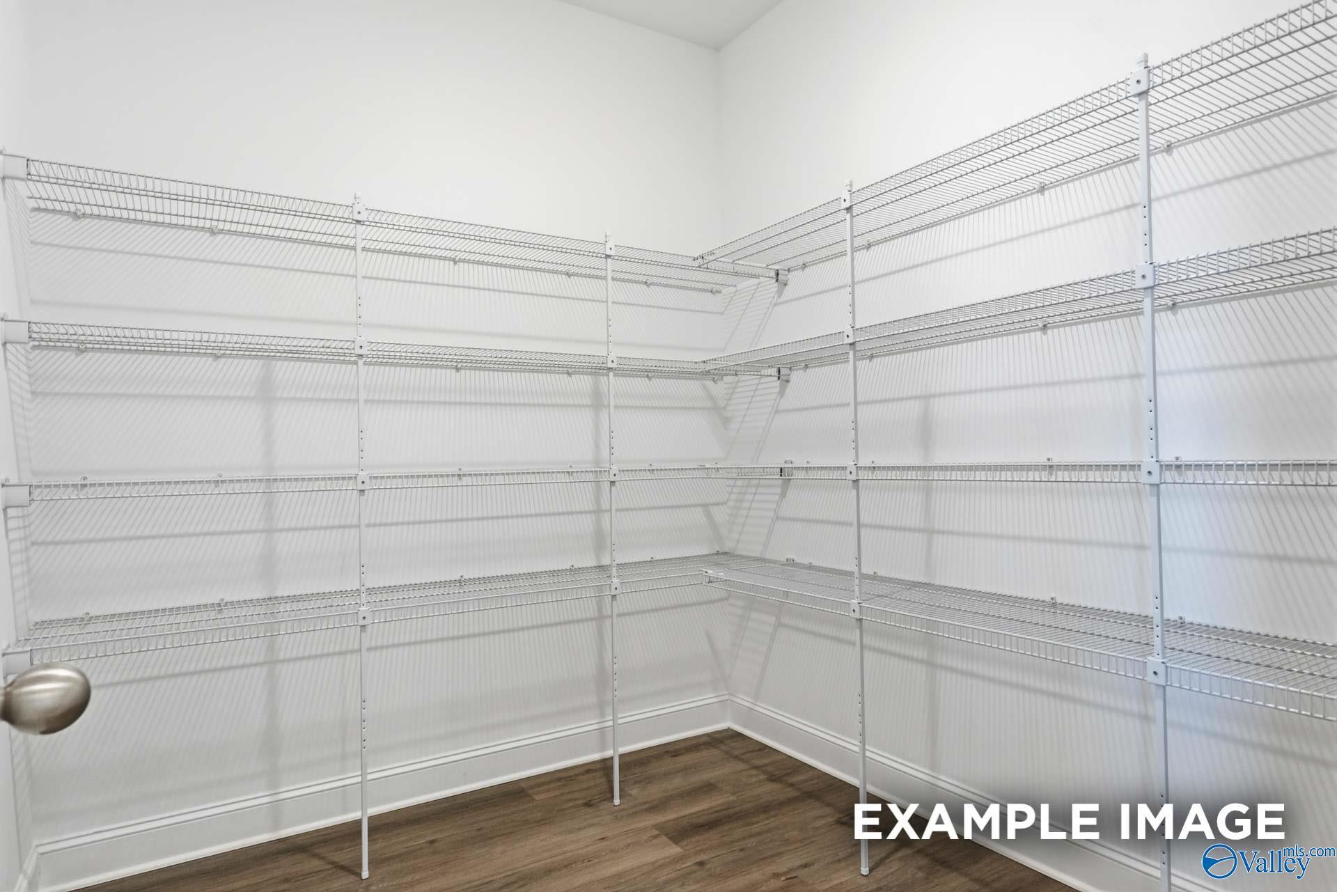 Walk-in pantry with white wire shelving in The Valencia floor plan by Davidson Homes in Briercreek, Meridianville, AL.