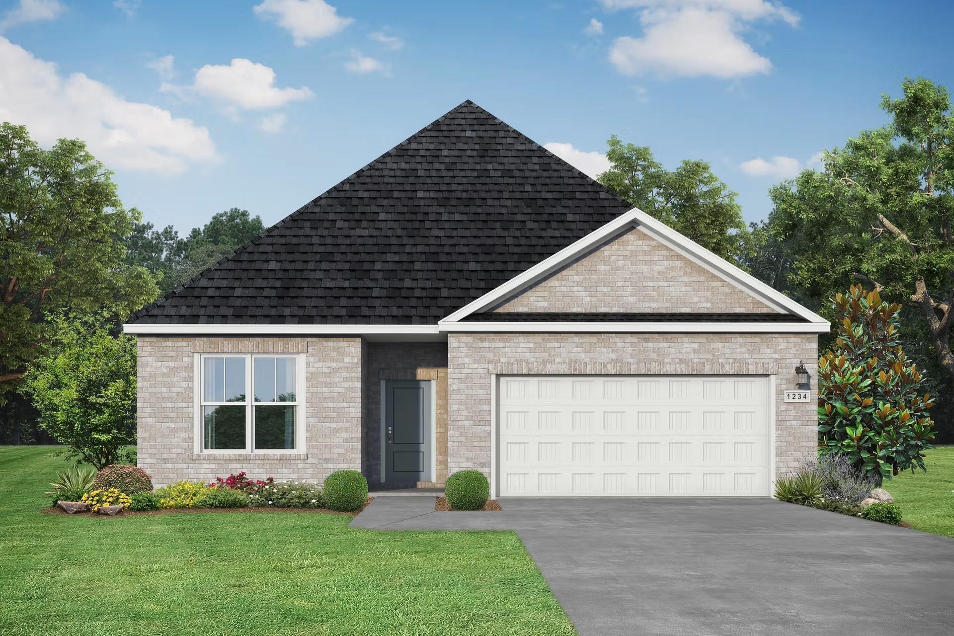 Modern brick 1-story home with gable roof, 2-car garage, and landscaped yard in Meadow Ridge Estates, Josephine, Texas