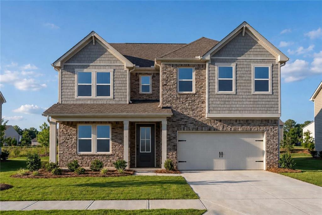 Two-story Aspen C floor plan by Davidson Homes with stone and siding exterior in Fern Hollow, Buford, Georgia.