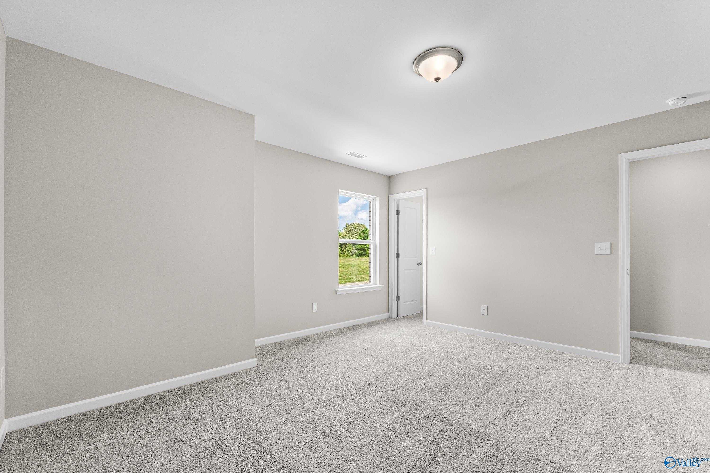 Bright secondary bedroom with light gray walls, beige carpet, and window view in The Haven by Davidson Homes, Huntsville