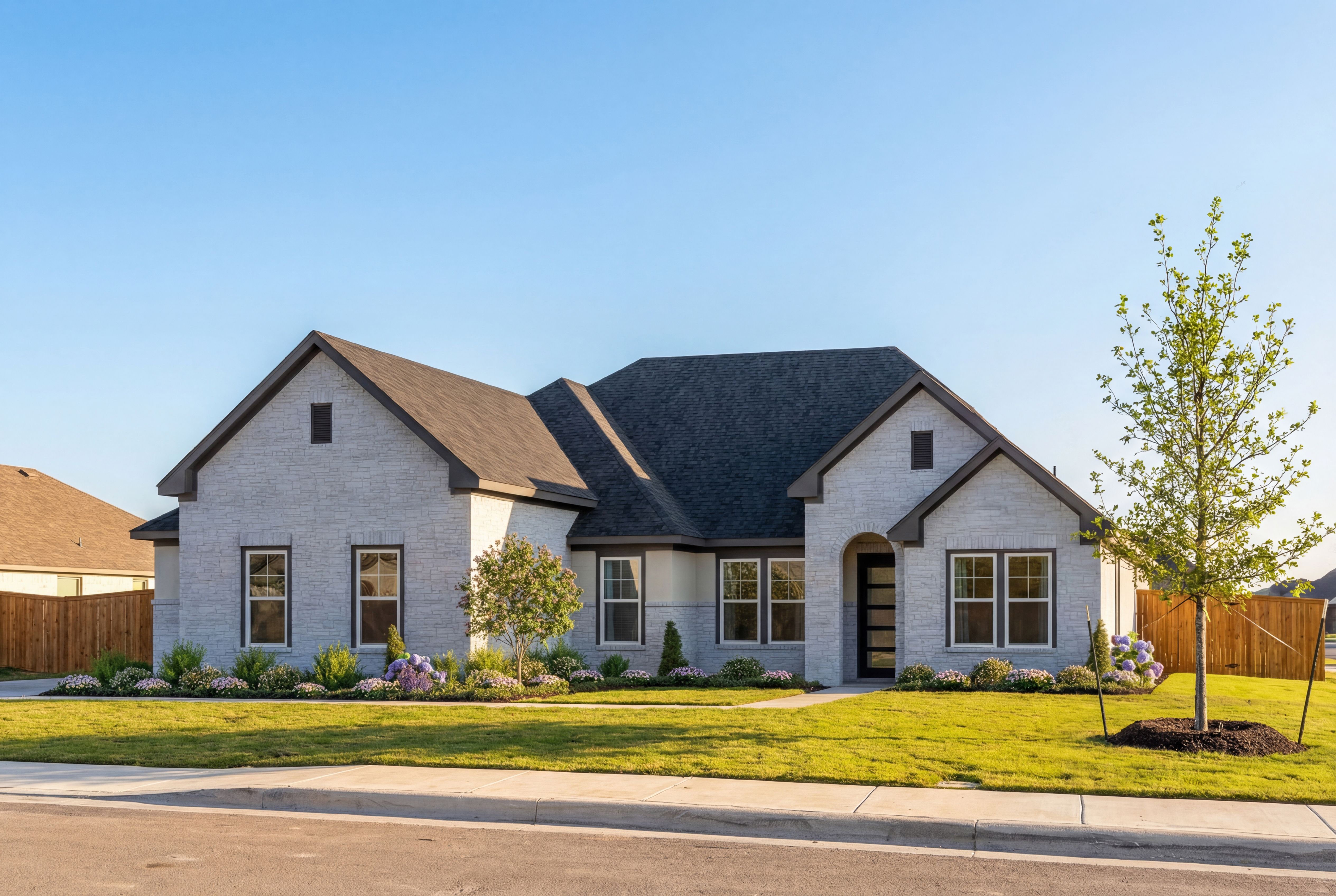Modern single-story The Foster home elevation in Castroville TX with white siding, dark gabled roof, and lush landscaped front yard