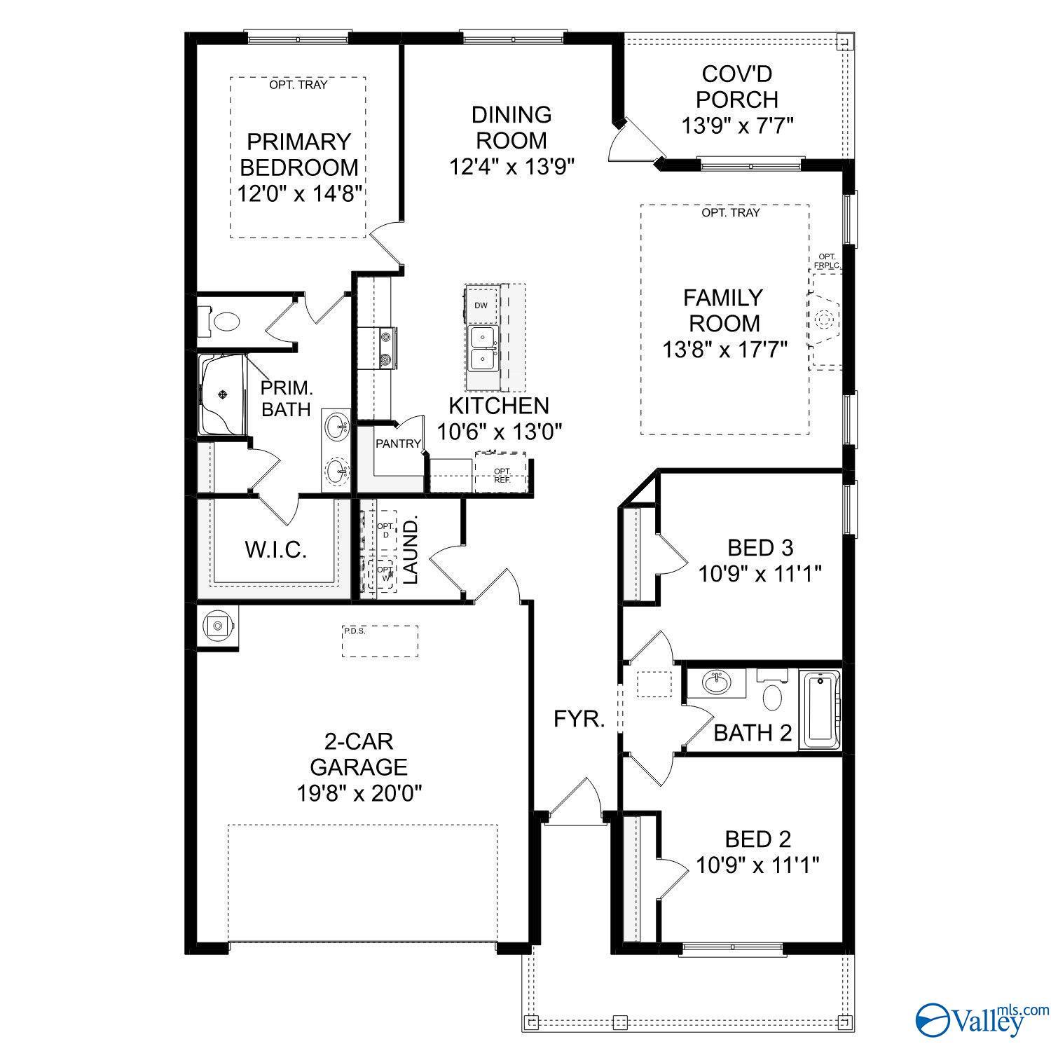 The Franklin E floor plan: 3-bed, 2-bath, 1,556 sq ft single-story home with open kitchen, family room, 2-car garage by Davidson Homes in Cullman, AL