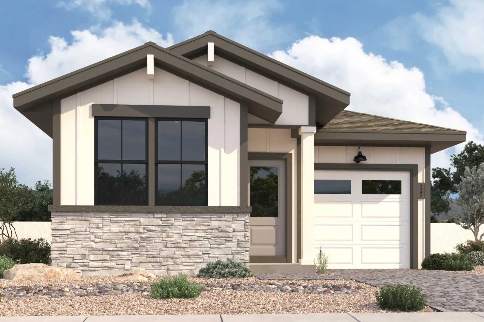 Modern single-story home exterior at South Ranch Southern Collection in Prescott AZ with stone base, large windows, and desert landscaping