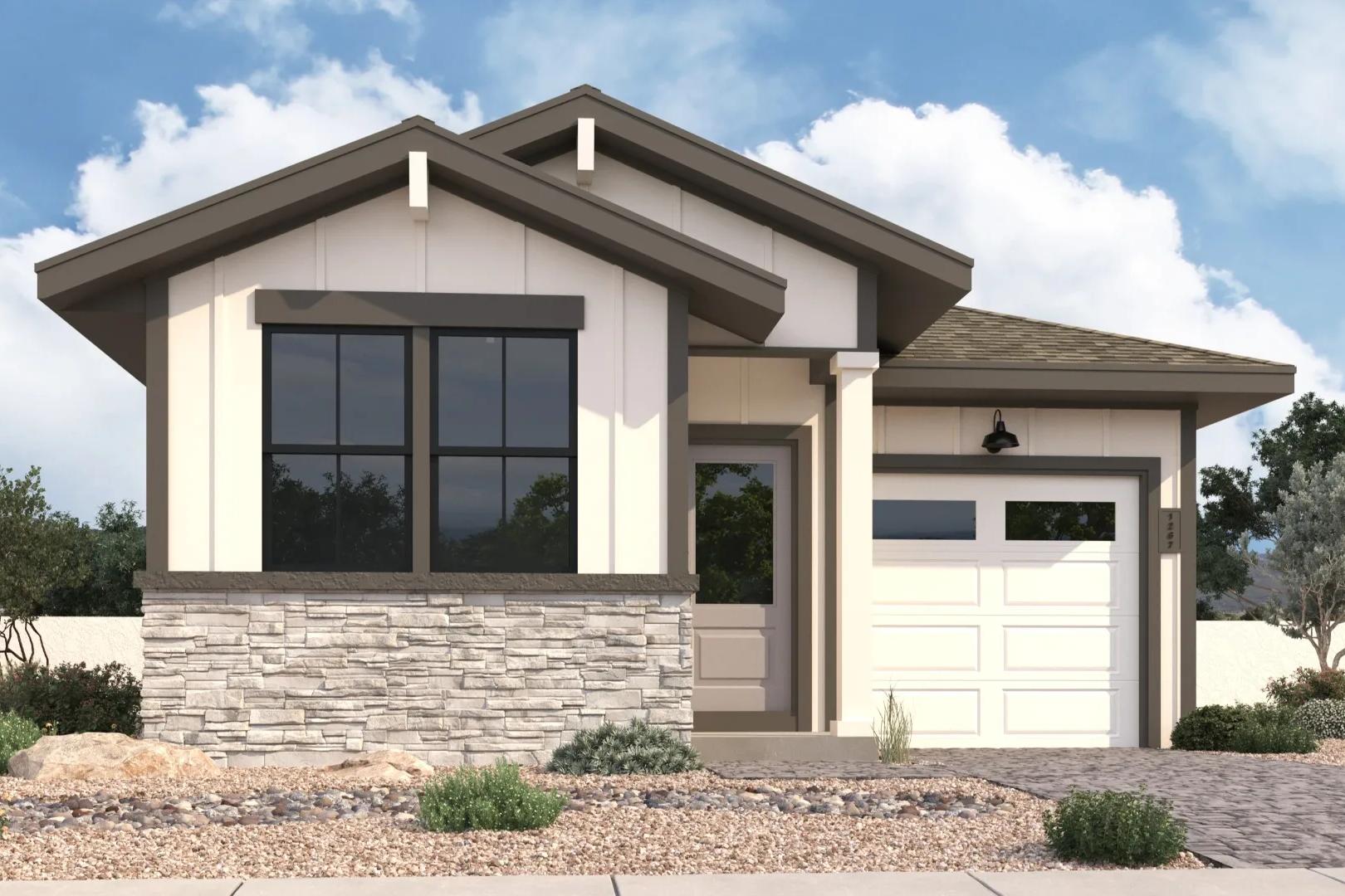 Modern single-story home exterior at South Ranch Southern Collection in Prescott AZ with stone base, large windows, and desert landscaping