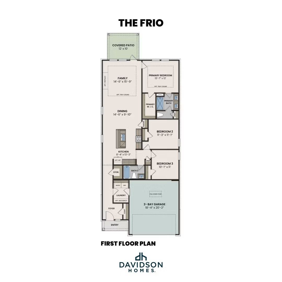 Floor plan for The Frio 3-bedroom, 2-bath home by Davidson Homes in Heartland, Texas featuring a 2-car garage.