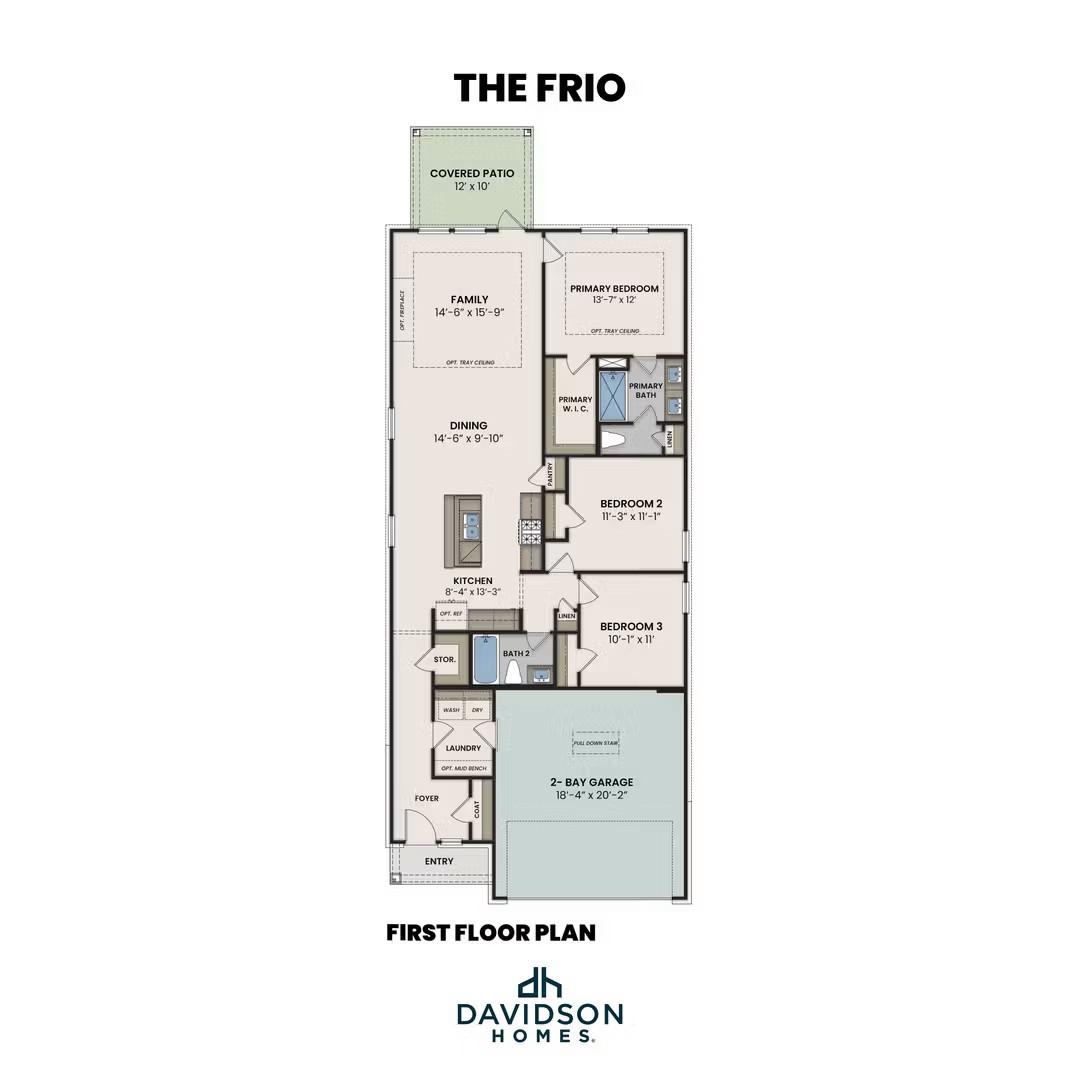 Floor plan for The Frio 3-bedroom, 2-bath home by Davidson Homes in Heartland, Texas featuring a 2-car garage.