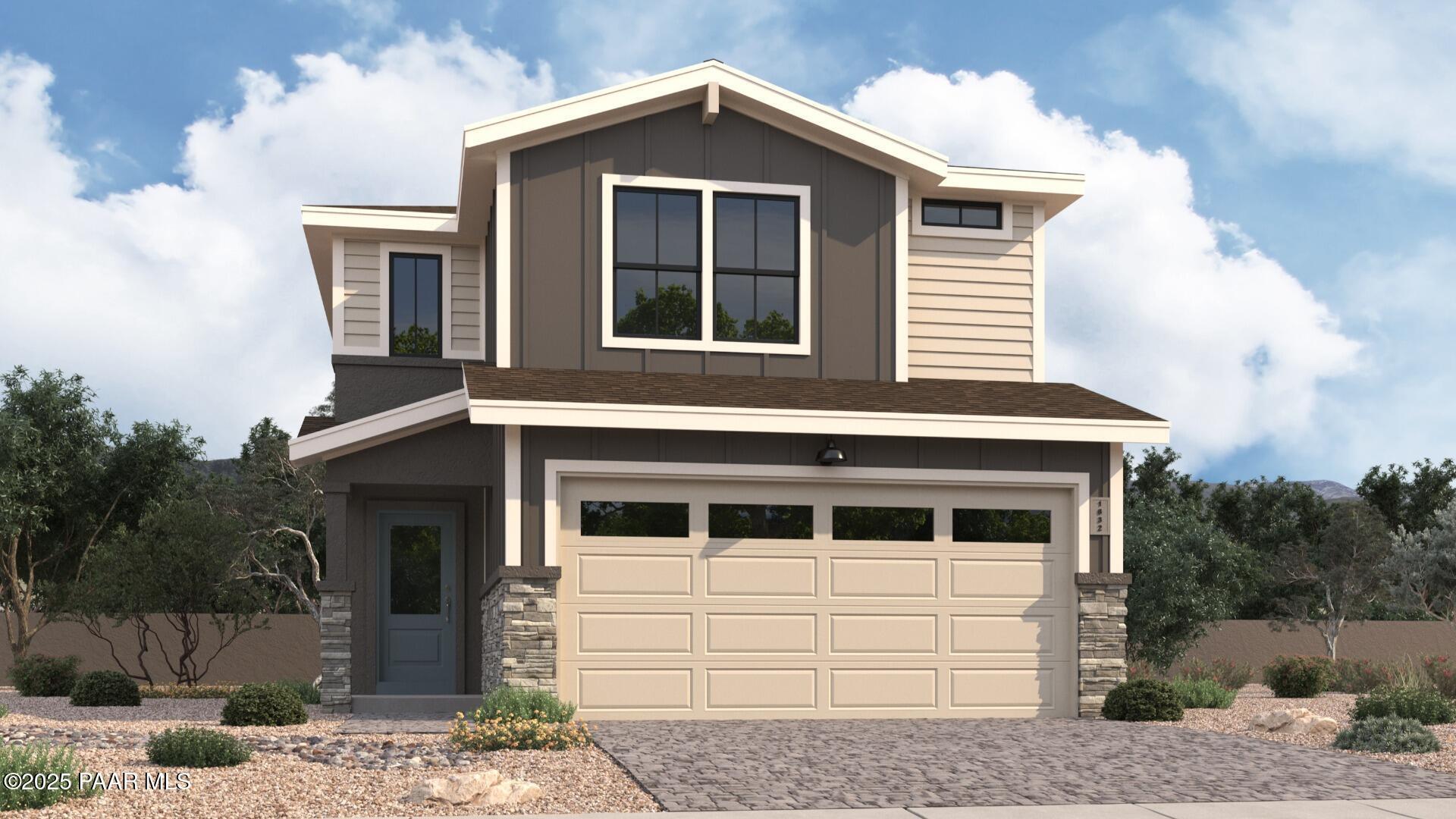 Modern 2-story Augusta B home by Davidson Homes in Prescott, AZ: beige-gray facade, 2.5-car garage, desert landscaping