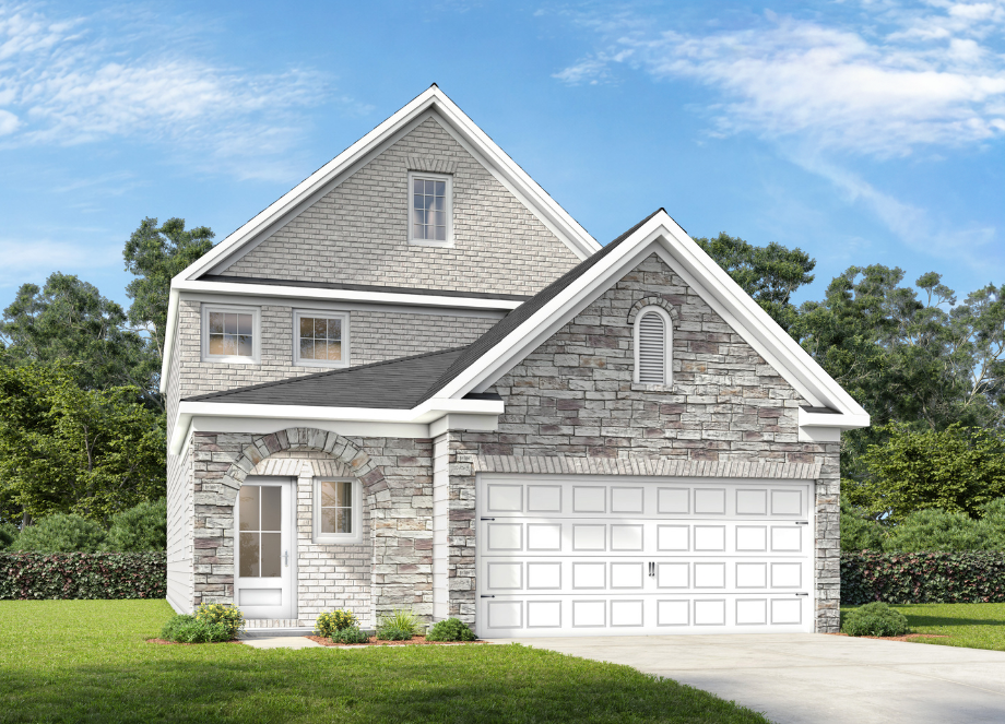 The Summit J two-story home elevation featuring a brick and shingle exterior with a two-car garage.