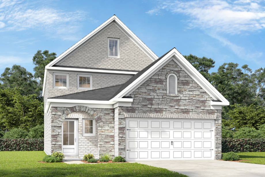 The Summit J two-story home elevation featuring a brick and shingle exterior with a two-car garage.