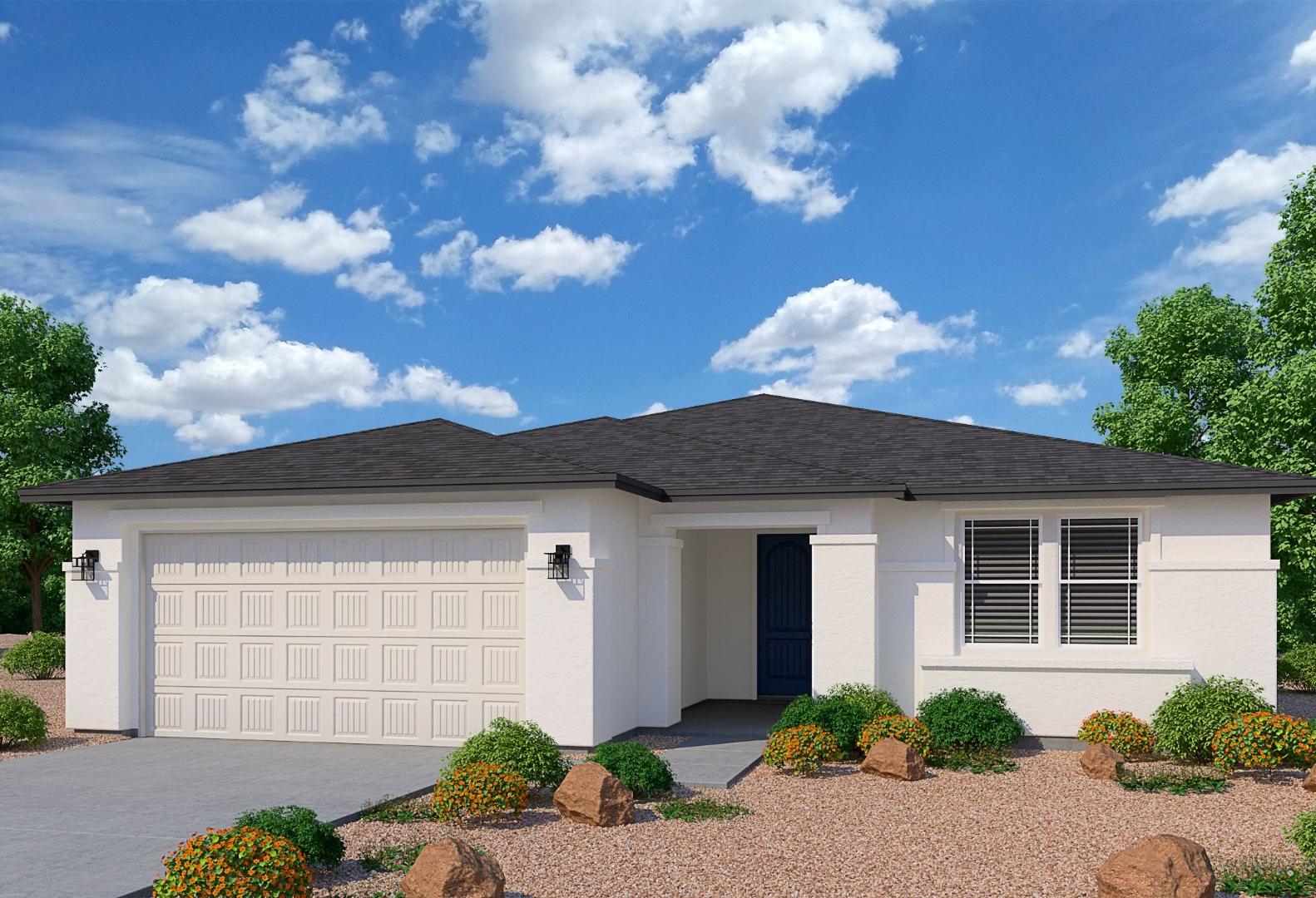 Modern 1-story Durango II home elevation by Davidson Homes: white siding, black roof, 3-car garage, desert rocks, bushes in Prescott AZ