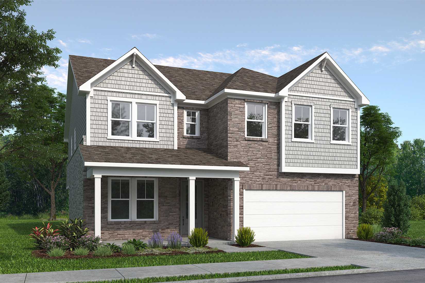 Two-story The Aspen C elevation featuring brick accents, shaker siding, covered porch, and two-car garage amid lush landscaping