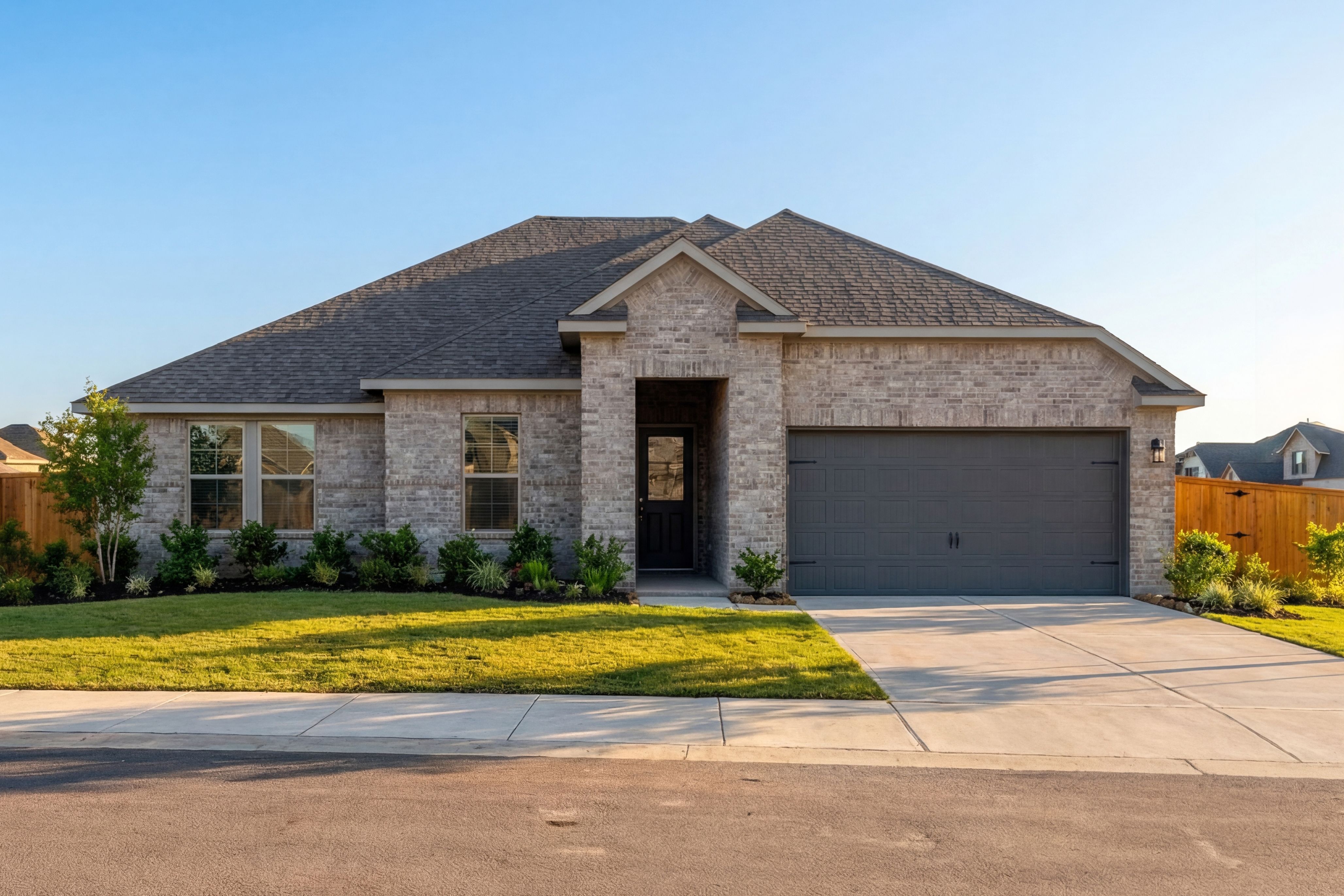 Contemporary ranch elevation of The Edward A showcasing brick facade, 2-car garage, and lush landscaping in Rosharon, Texas