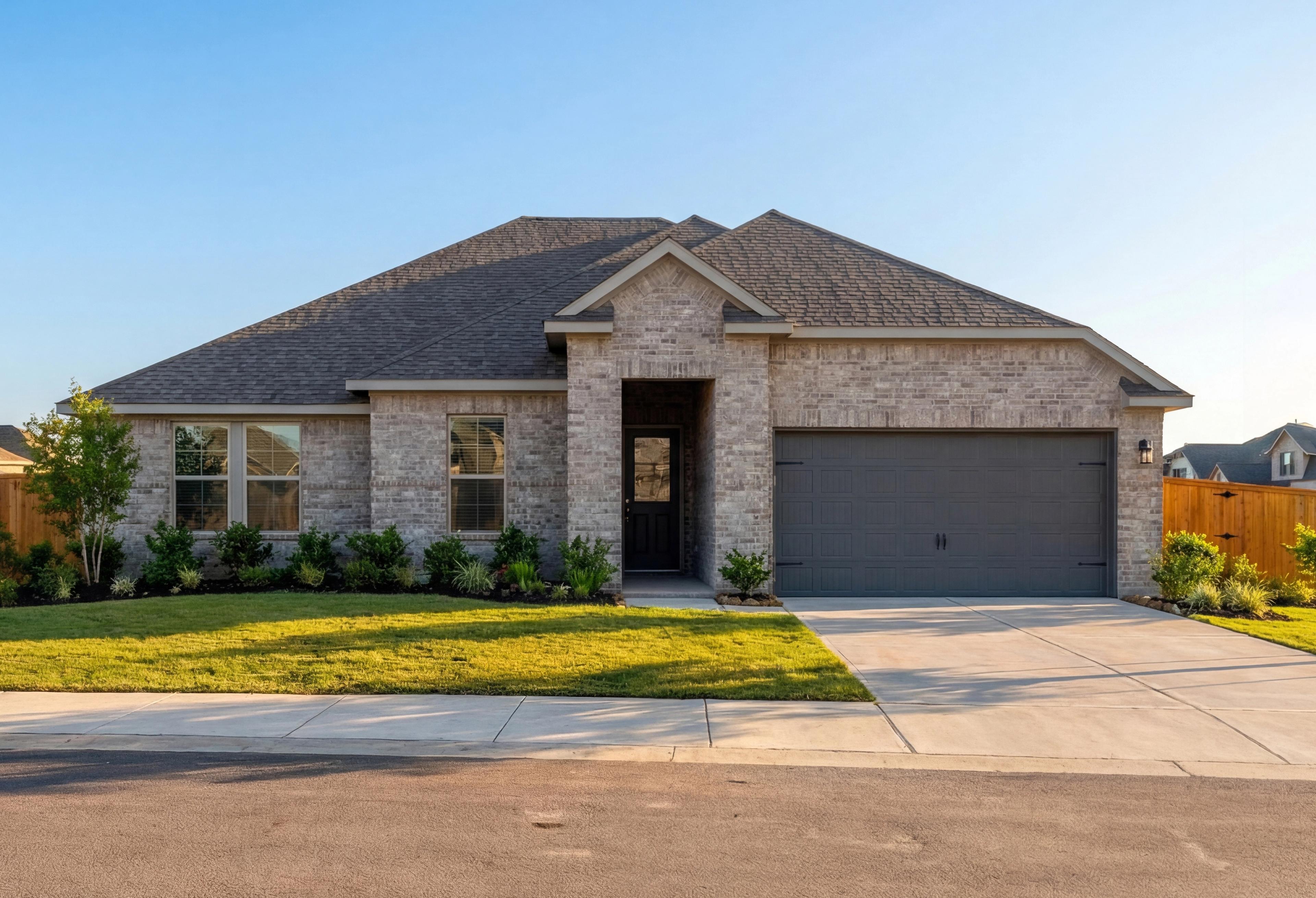 Contemporary ranch elevation of The Edward A showcasing brick facade, 2-car garage, and lush landscaping in Rosharon, Texas