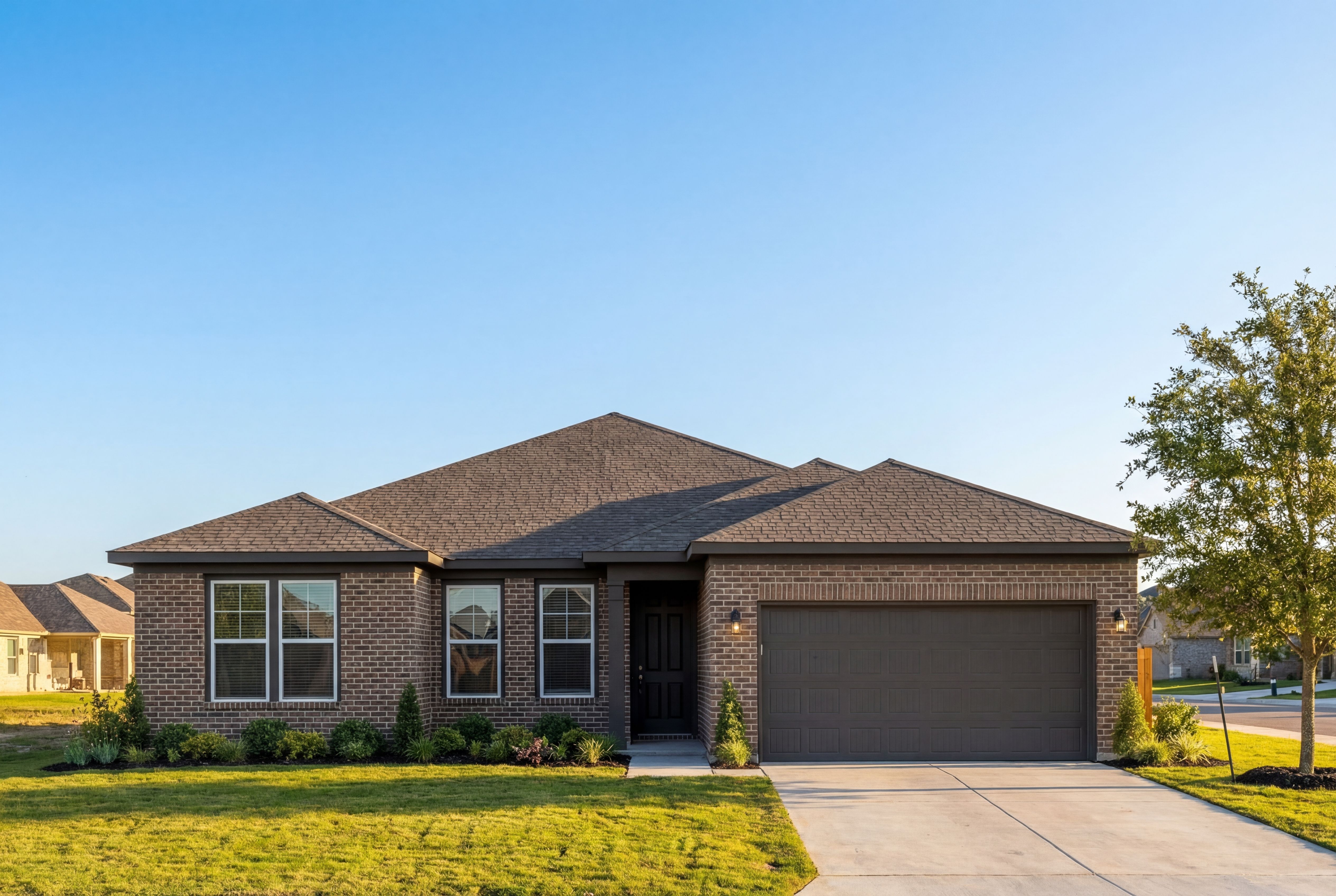 Front elevation of The Rockford 1-story home with brick siding, dark shingled roof, 2-car garage, and lush green lawn in Castroville, Texas