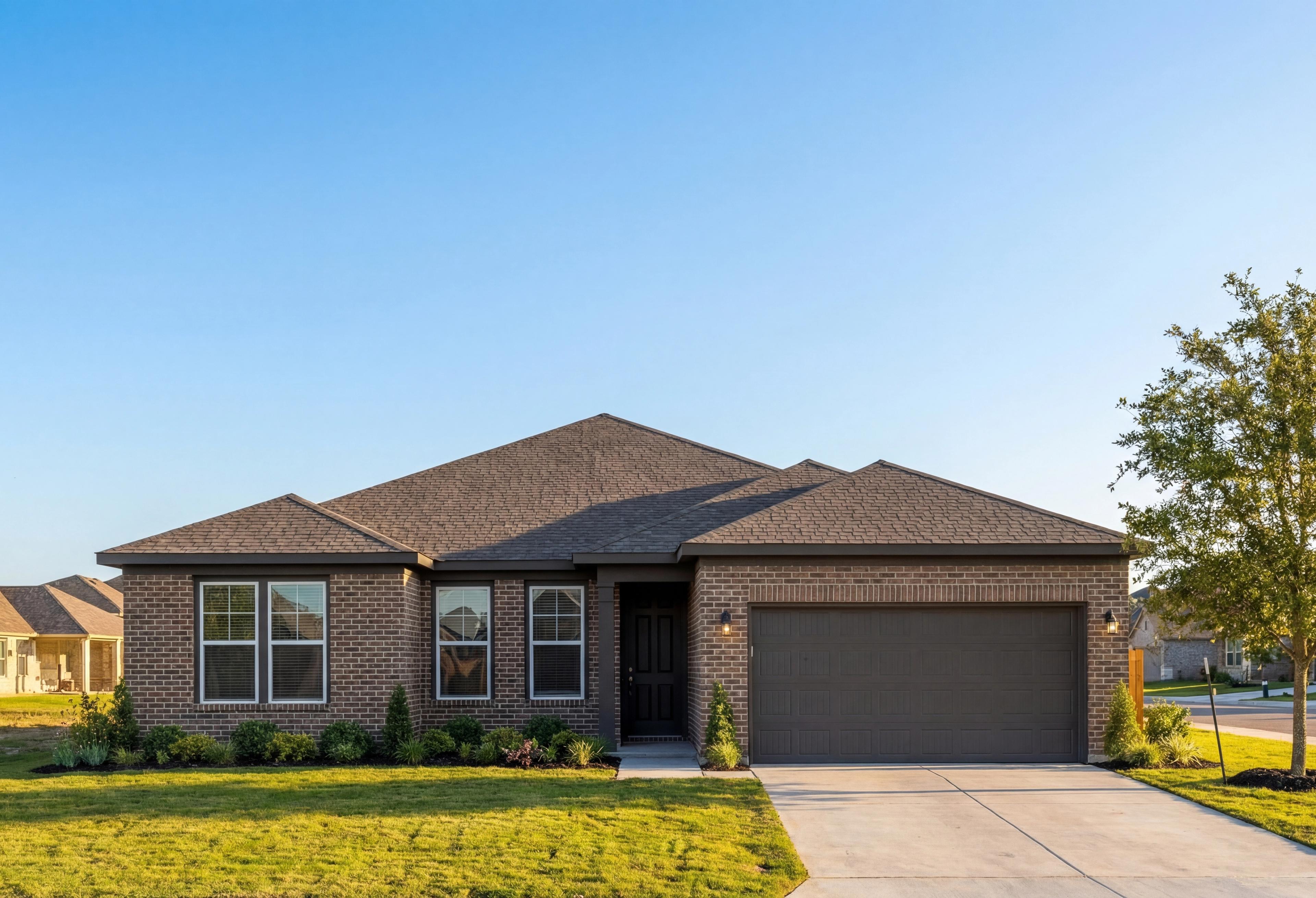 Front elevation of The Rockford 1-story home with brick siding, dark shingled roof, 2-car garage, and lush green lawn in Castroville, Texas