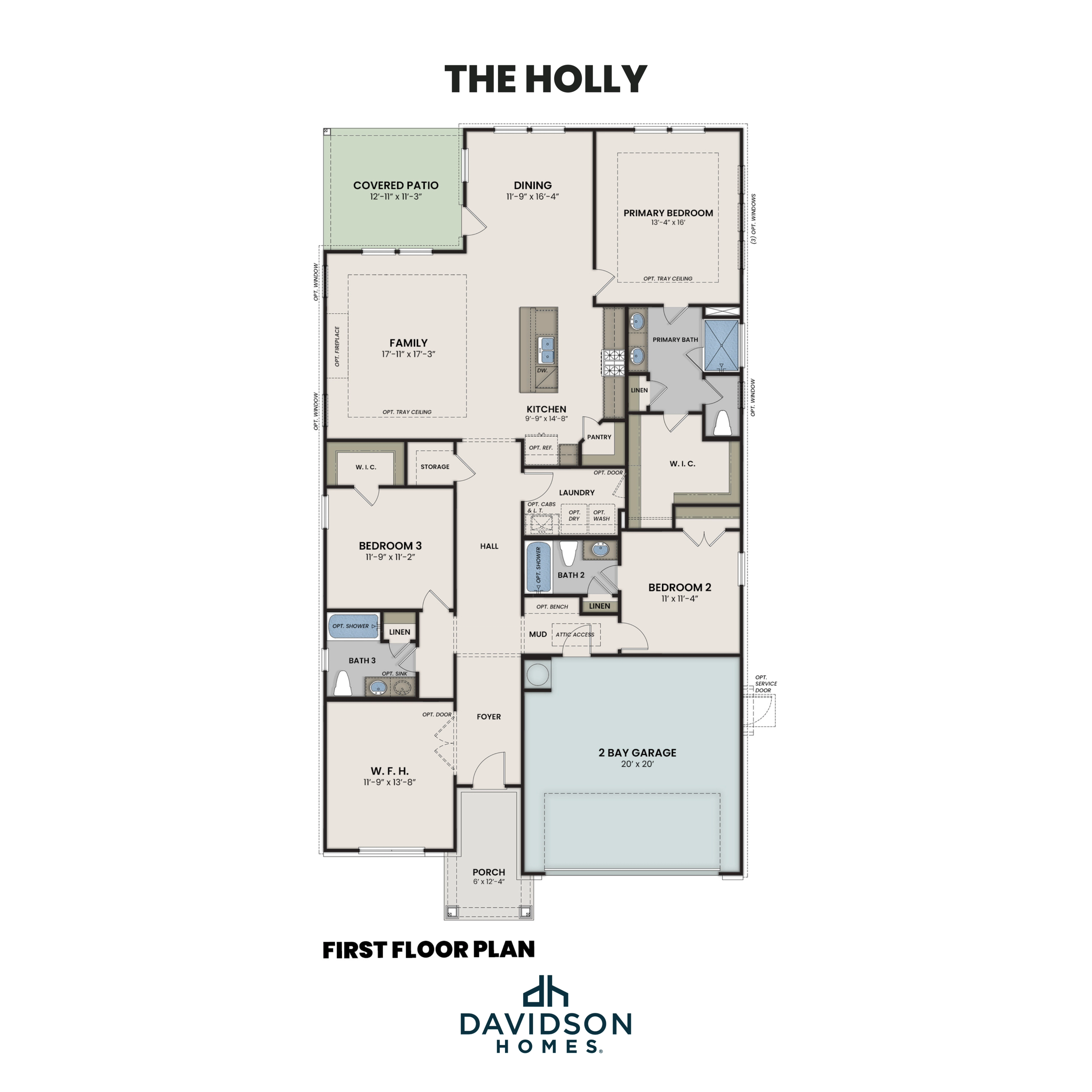 First floor plan of The Holly: 3-4 bed, 3 bath, open kitchen-family room, primary suite, covered patio, 2-car garage