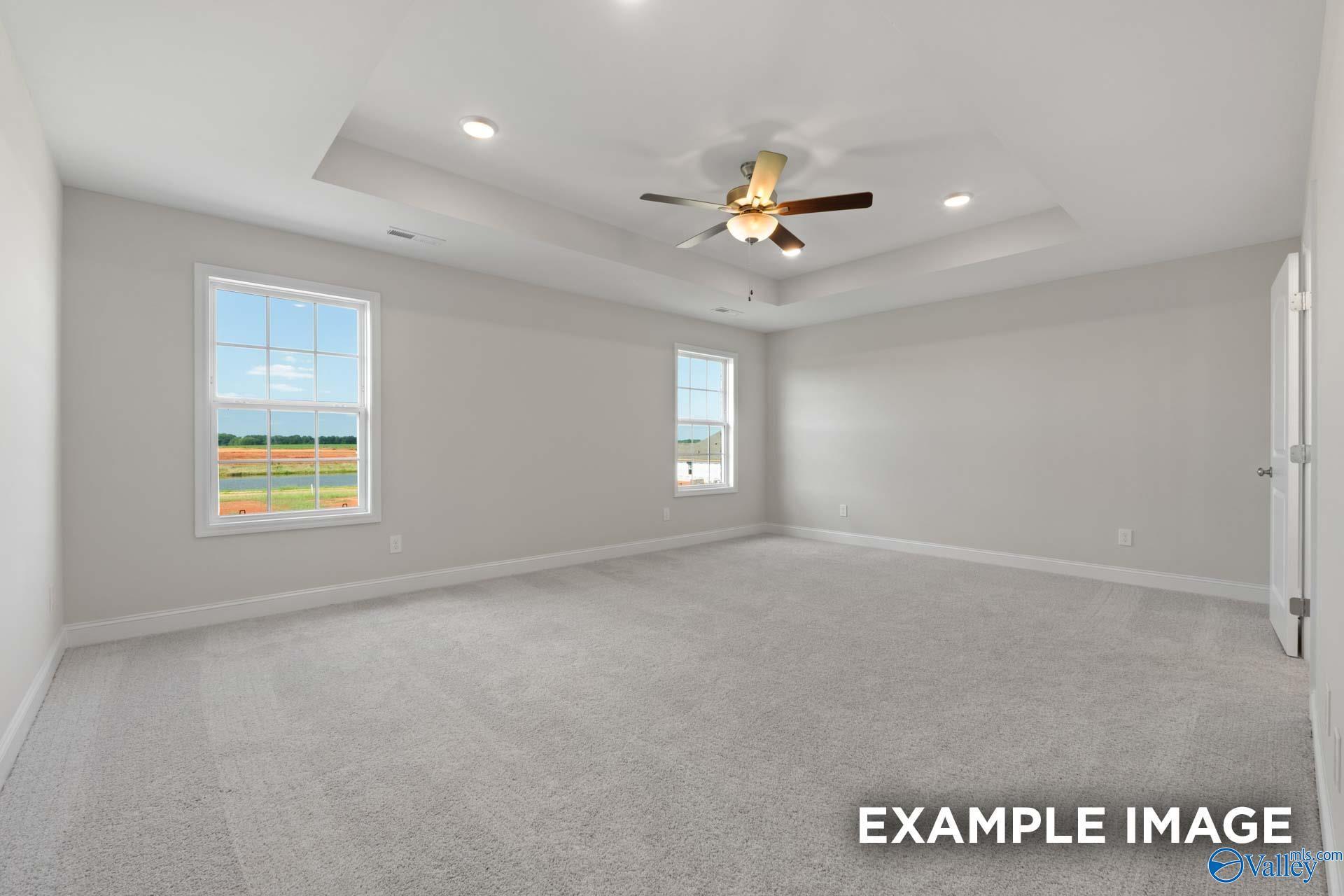 Spacious empty bedroom with tray ceiling, ceiling fan, neutral walls, and windows overlooking farmland in The Madison A, Meridianville, Alabama