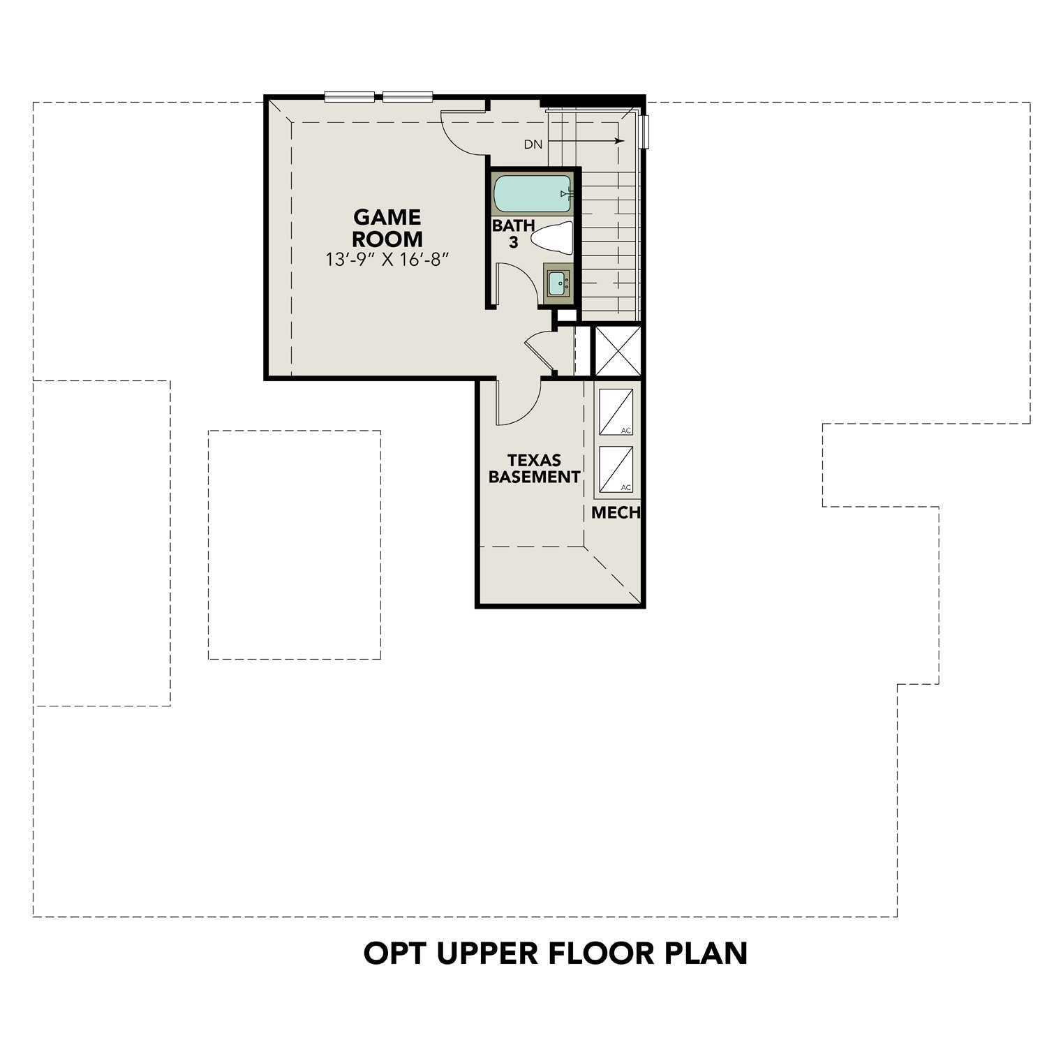 Second floor bonus layout of The Edward B featuring 13x16 game room, full bath with tub, half bath, and mechanical space