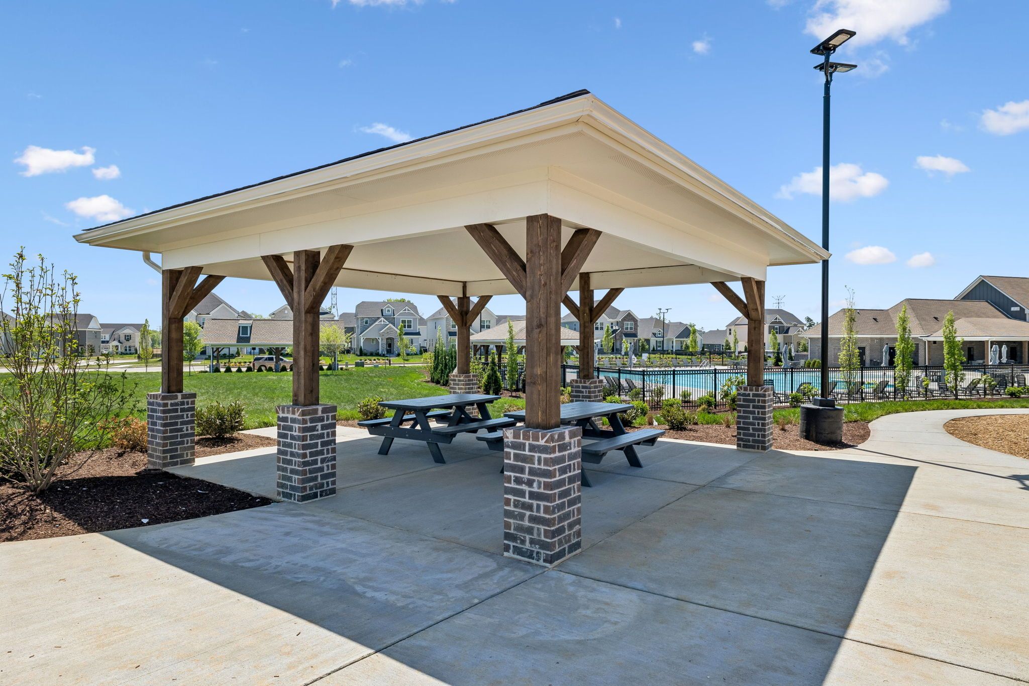 Covered community pavilion with picnic tables at Bradshaw Farms in Mt. Juliet, TN by Davidson Homes