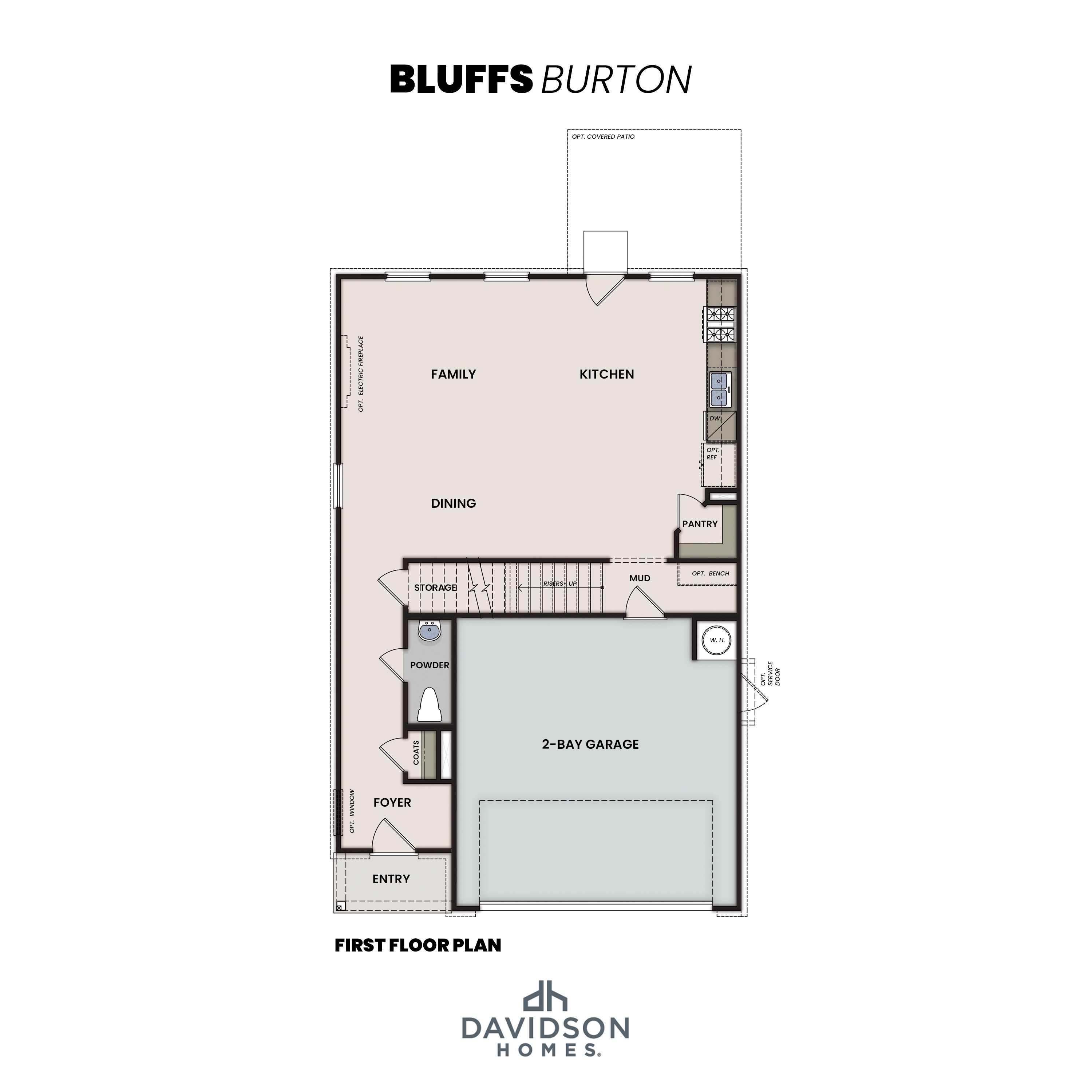 Floorplan drawing featuring a 2 car garage, foyer, open concept living room, family room and kitchen.
