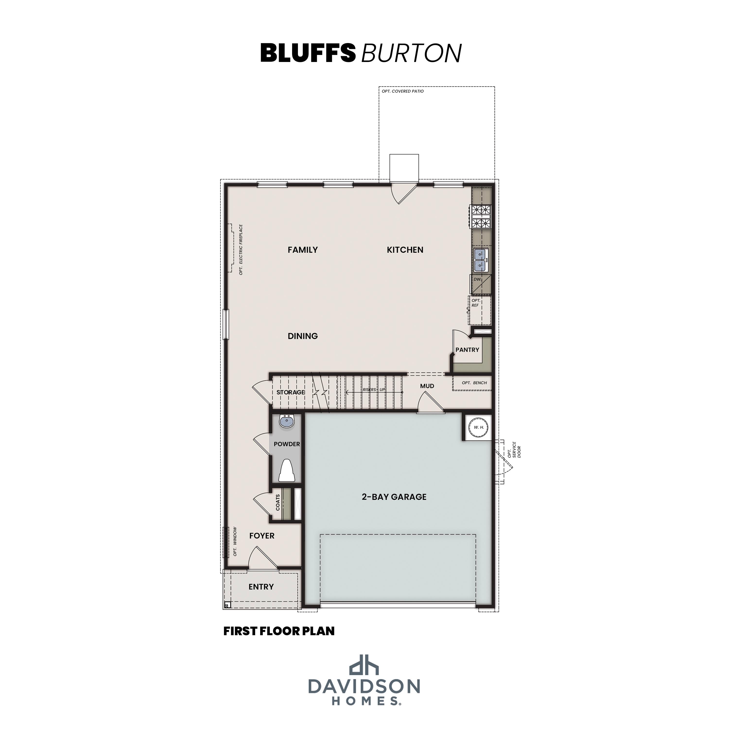 Floorplan drawing featuring a 2 car garage, foyer, open concept living room, family room and kitchen.