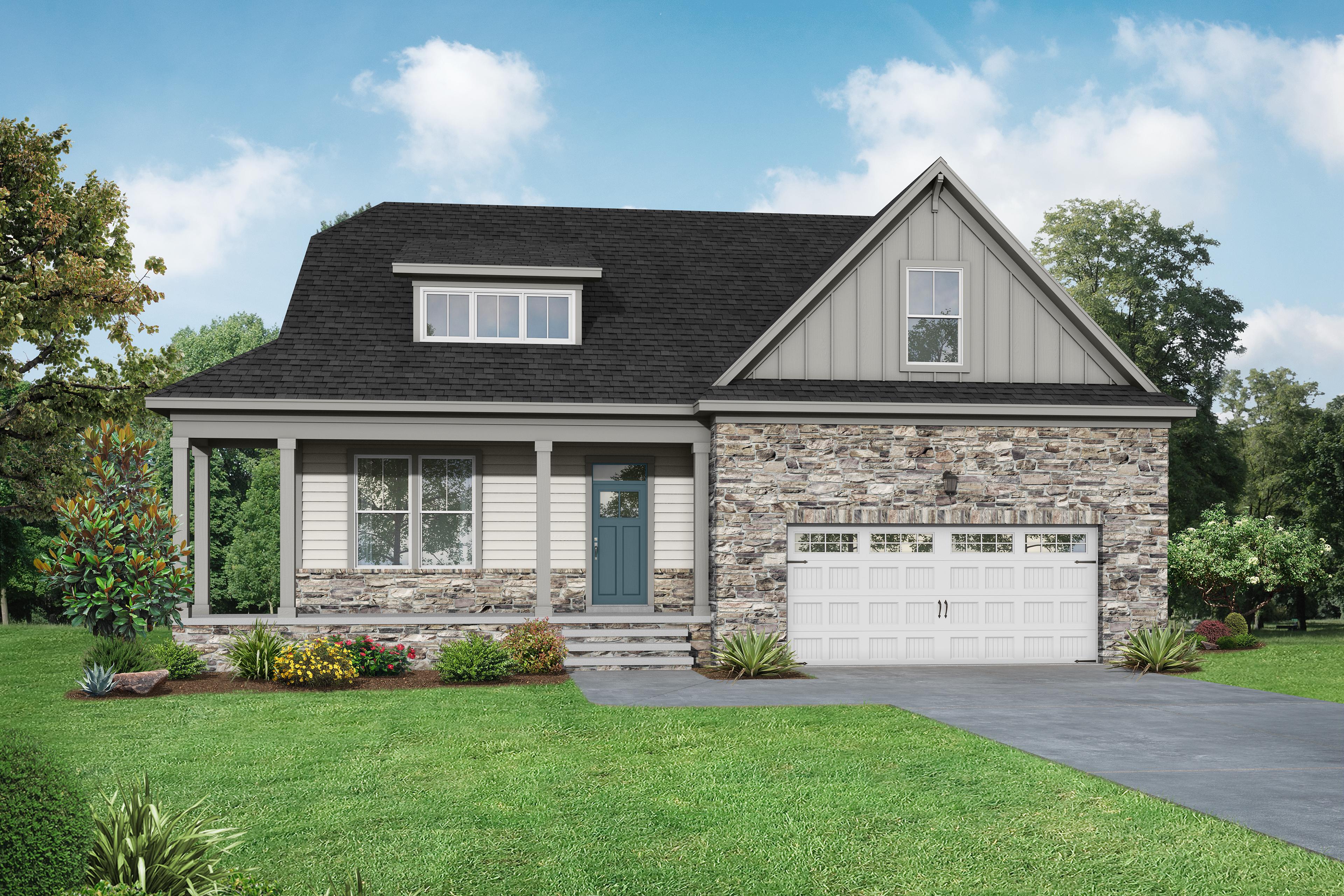 Modern two-story Cypress B II home elevation by Davidson Homes with stone and siding exterior, front porch, two-car garage in Angier NC