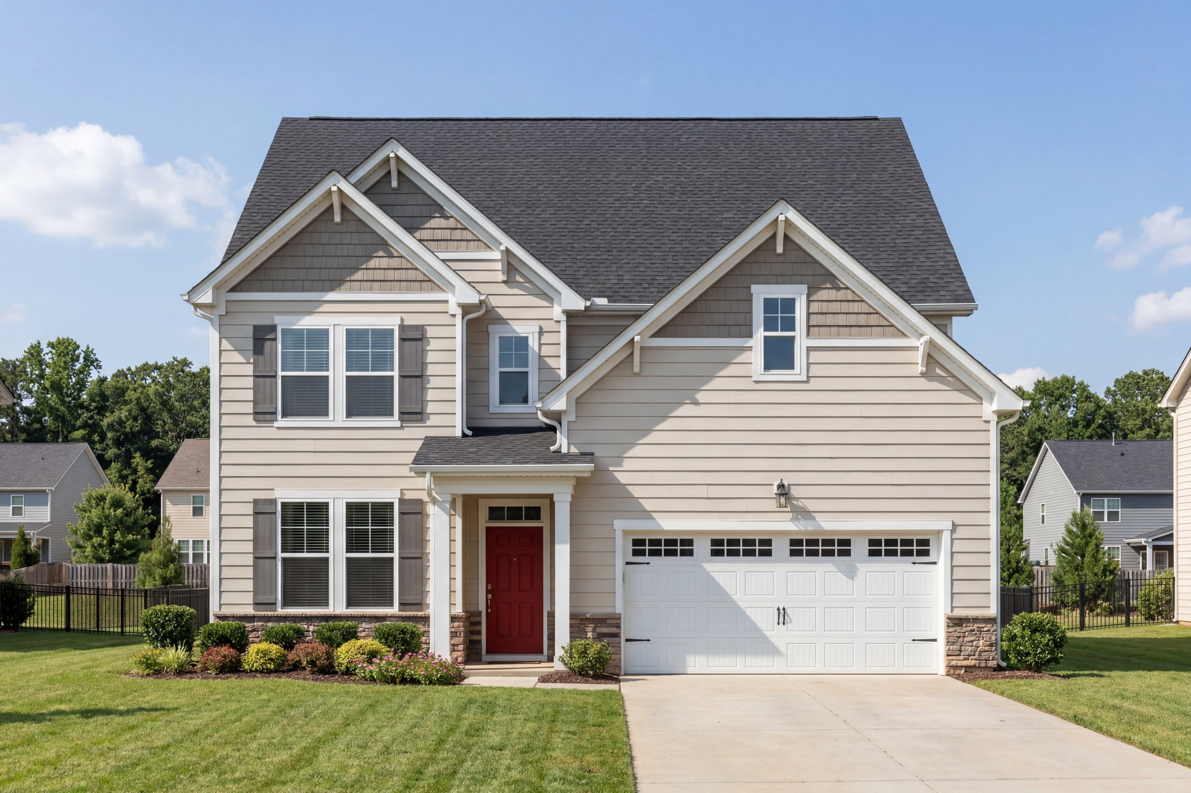 Two-story Hickory A II elevation by Davidson Homes in Mooresville NC: beige siding, black roof, red door, 2-car garage, landscaped yard