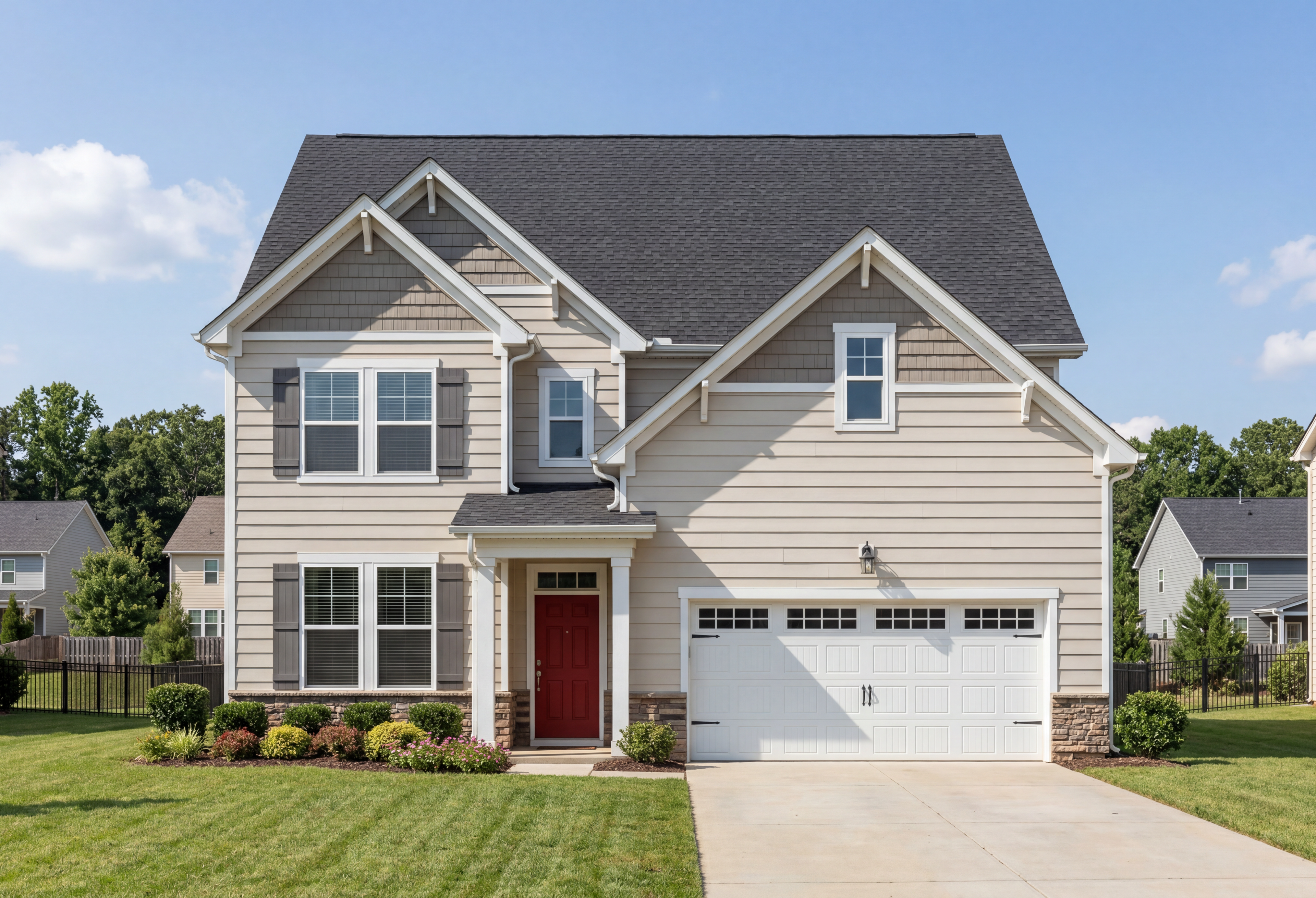 Two-story Hickory A II elevation by Davidson Homes in Mooresville NC: beige siding, black roof, red door, 2-car garage, landscaped yard