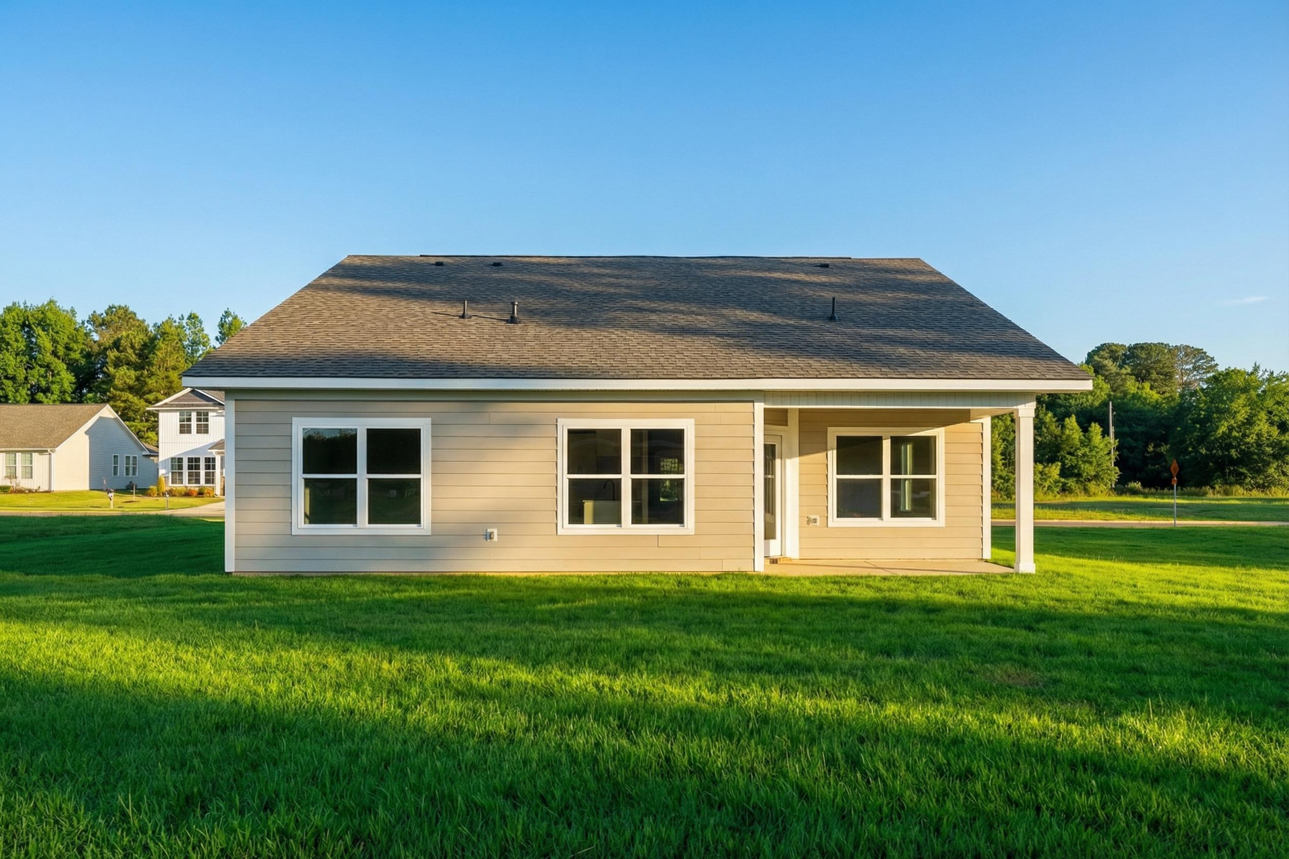 Beige single-story home exterior at Bailey Park in Fayetteville TN with covered porch, large windows, and lush green lawn