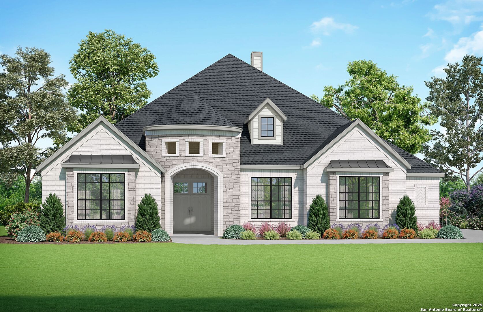 Elegant one-story 4-bedroom home with brick accents, gabled roof, and lush front yard landscaping in Potranco Oaks, Castroville, Texas