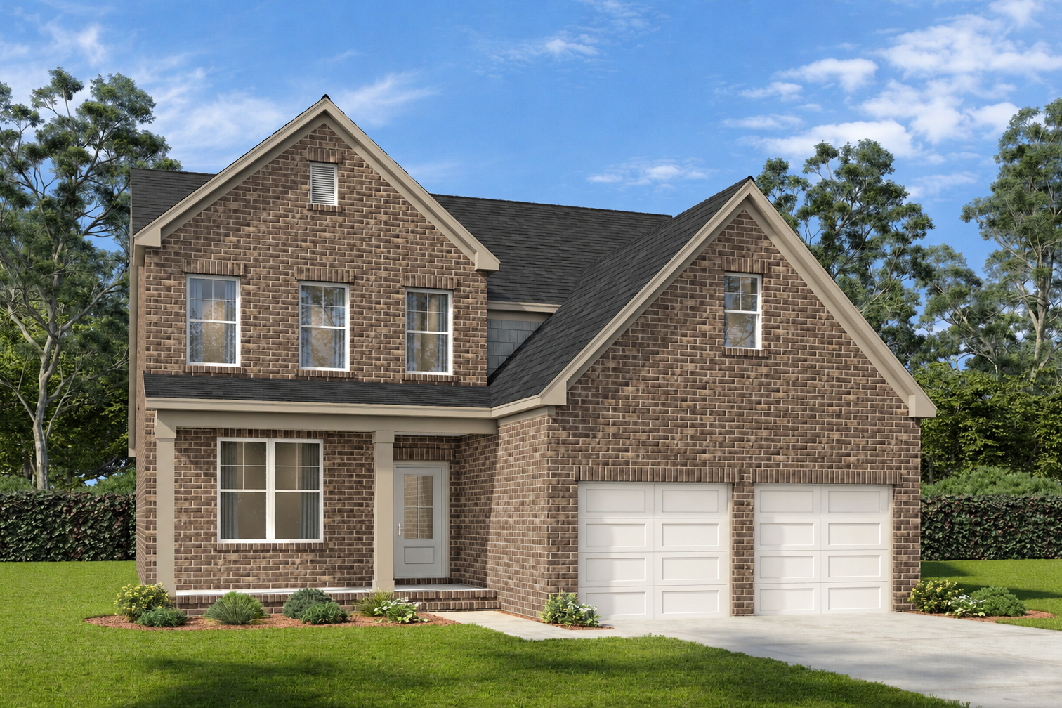 Two-story brick exterior elevation of The Ash A-BF home design featuring a two-car garage and classic gable rooflines.