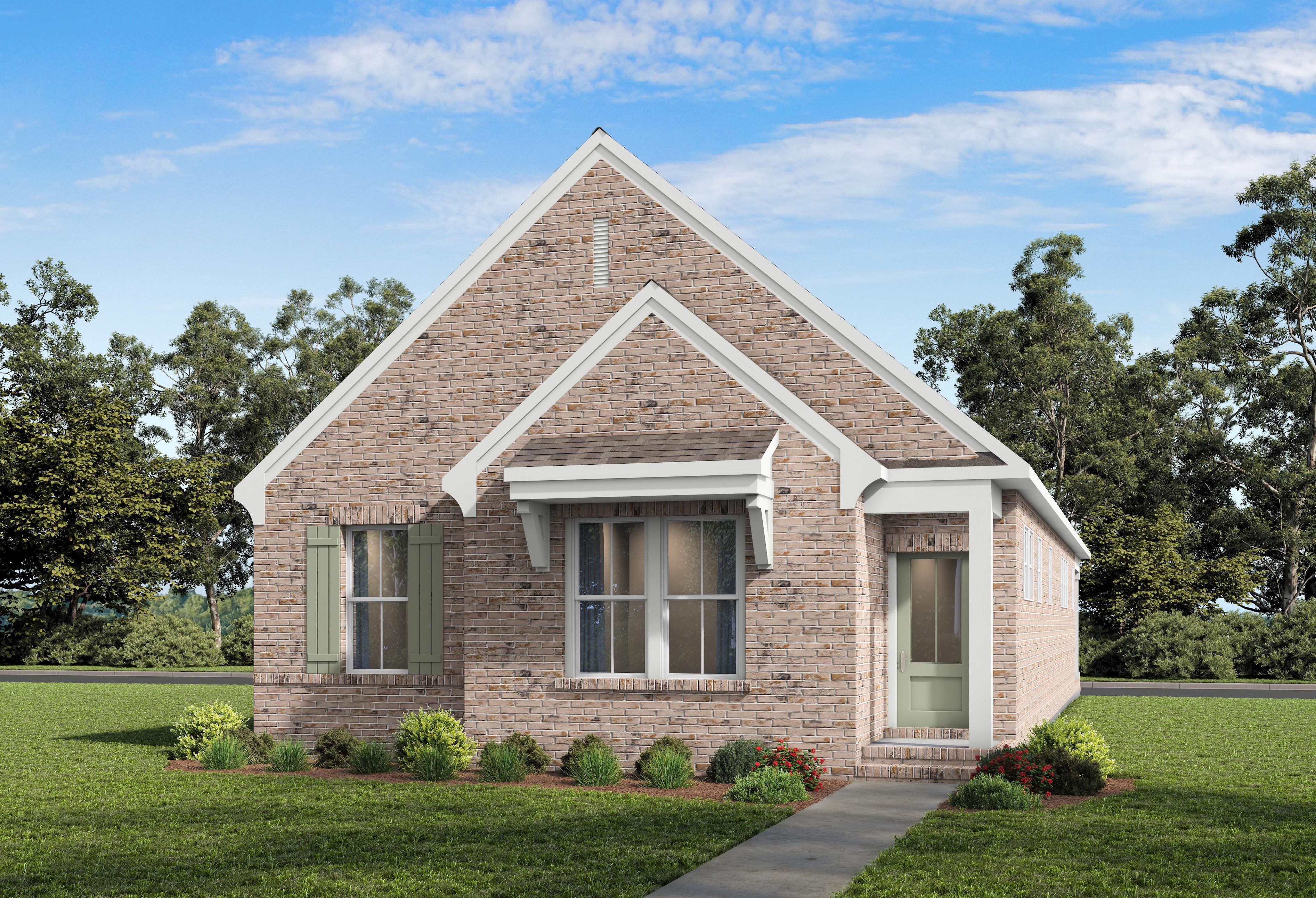 The Elkmont A single-story home design by Davidson Homes featuring a classic brick exterior and front porch.