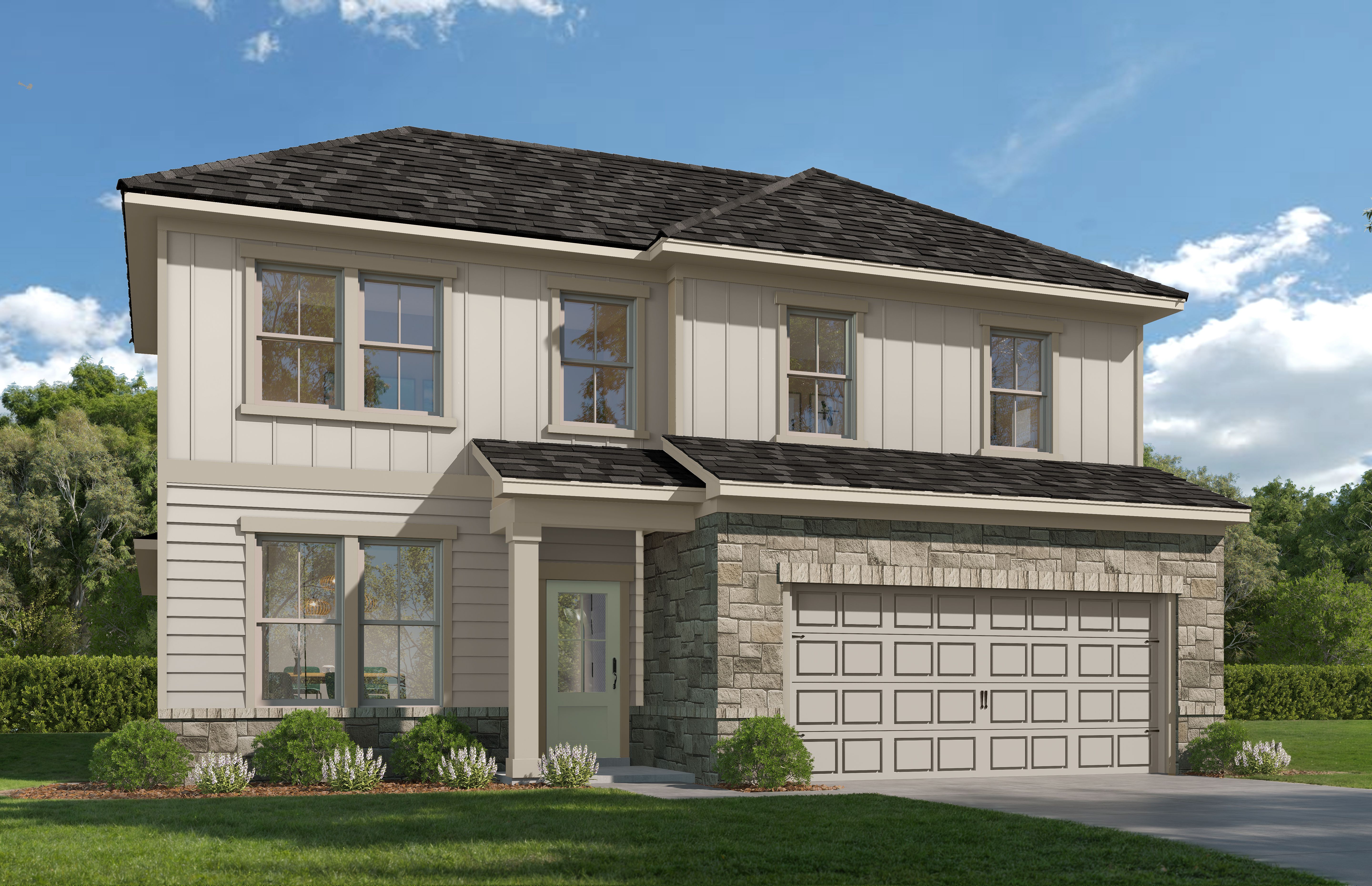 The Ashport C 2-story home elevation by Davidson Homes: beige siding, stone accents, black composition roof, 2-car garage, San Antonio