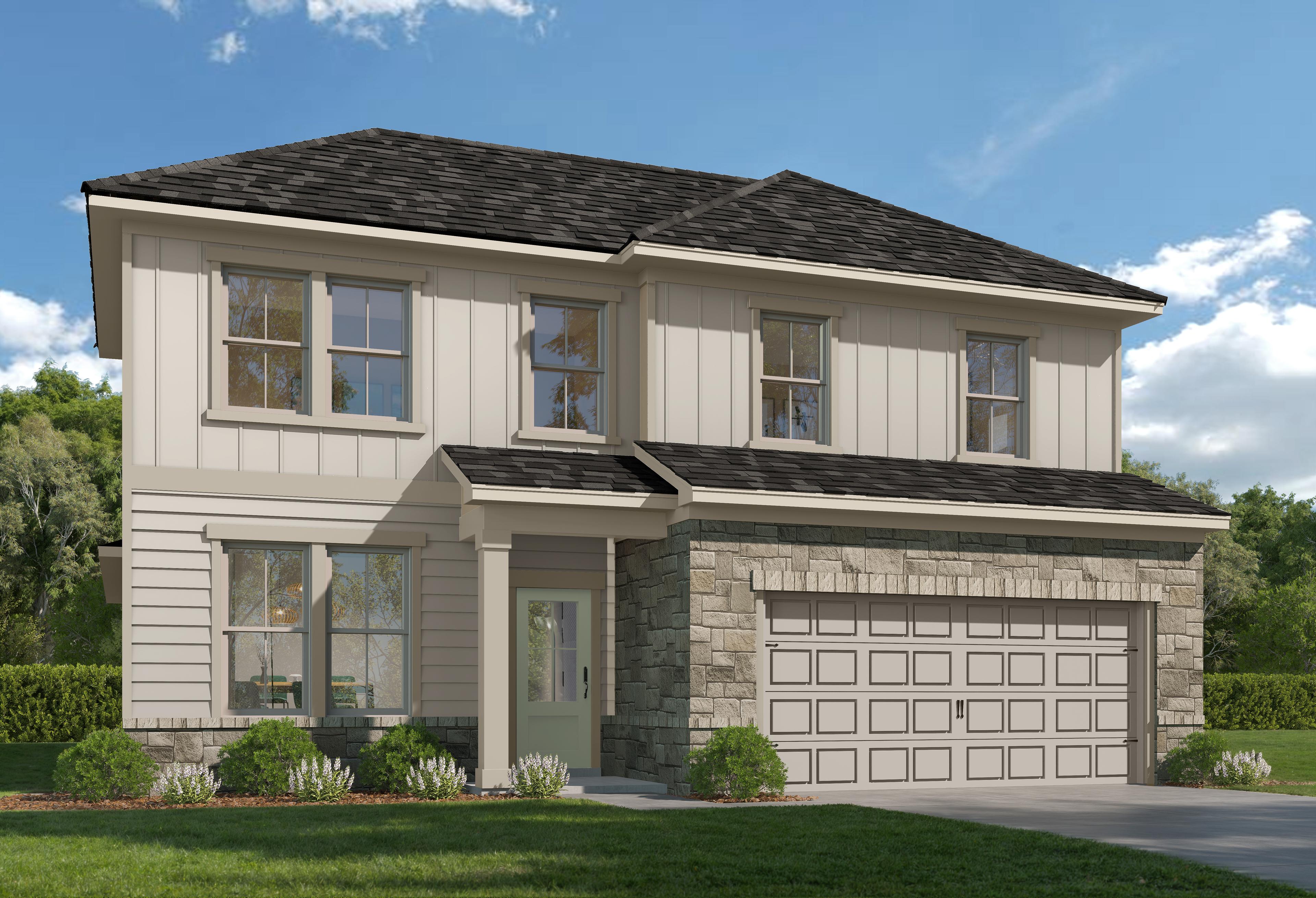 The Ashport C 2-story home elevation by Davidson Homes: beige siding, stone accents, black composition roof, 2-car garage, San Antonio