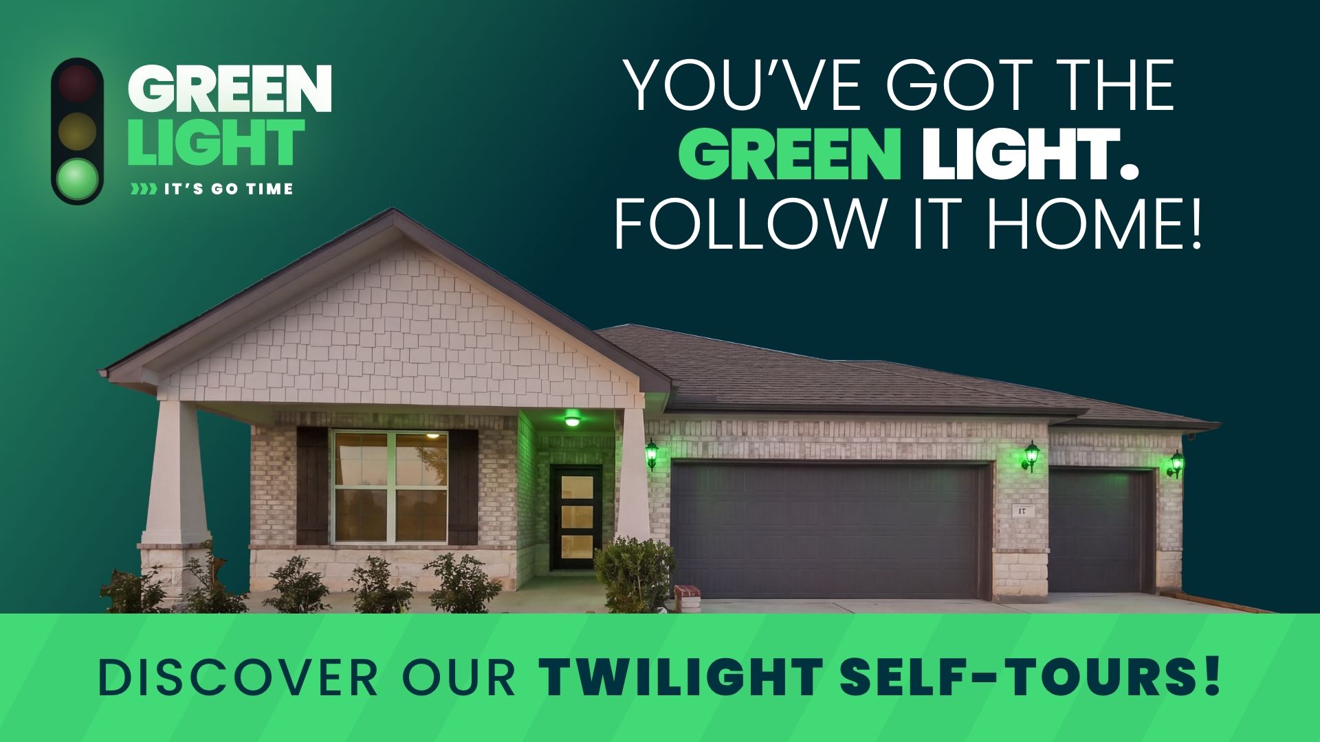 Davidson Homes Twilight Tours promo with green-lit new home exterior and Green Light branding inviting buyers to self-tour