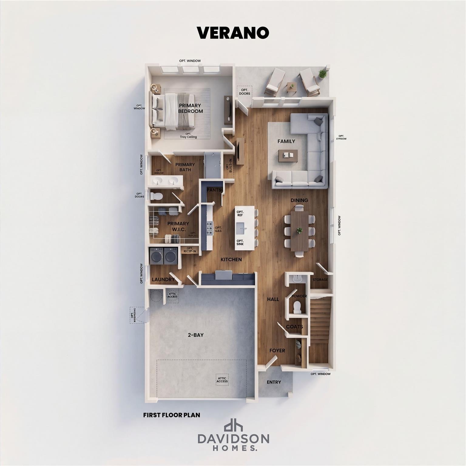 First floor plan of Verano B by Davidson Homes: open kitchen, family room, primary suite, 2-car garage in Sunterra, Katy, Texas